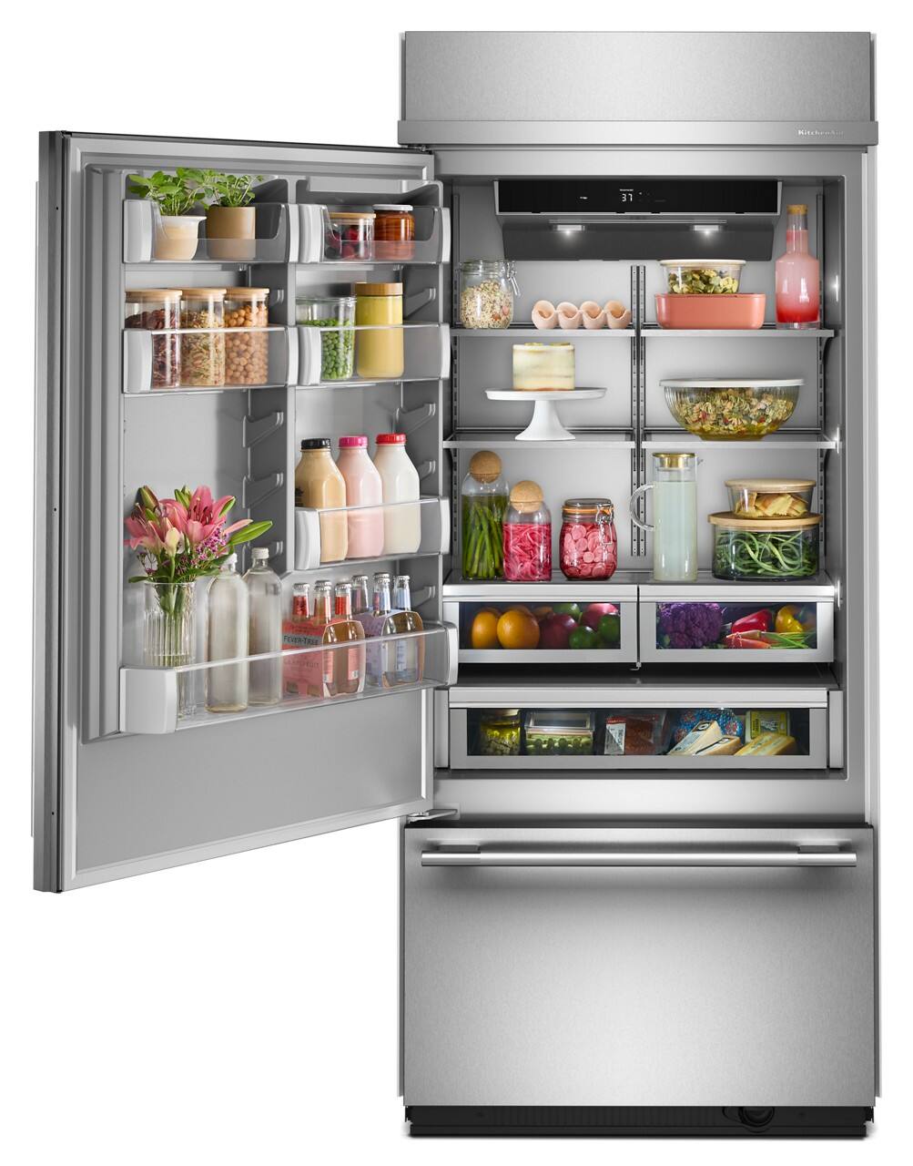 Left. KitchenAid - 20.8 Cu. Ft. Built-In Bottom Mount Refrigerator with Platinum Interior - Stainless Steel with PrintShield Finish.