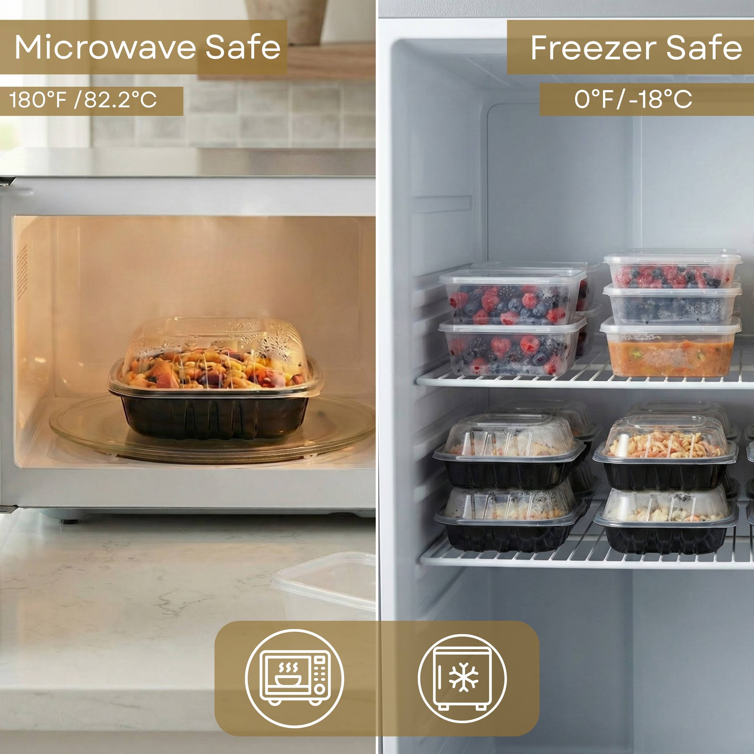 Microwave Safe  
180°F / 82.2°C  

Freezer Safe  
0°F / -18°C