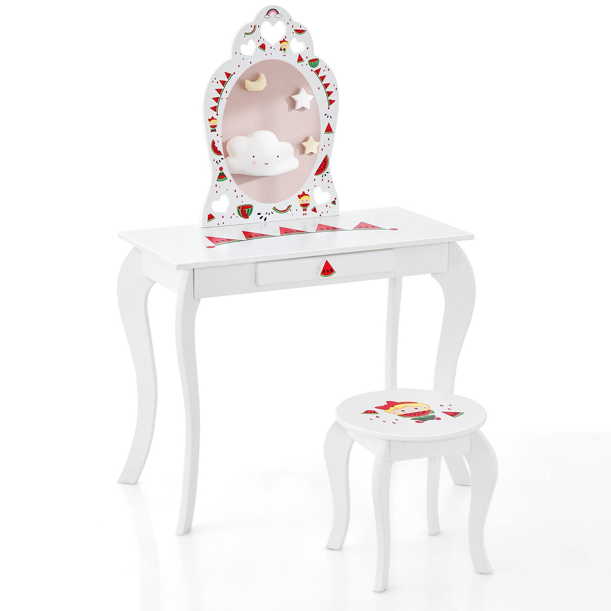 Alt View 8. Gymax - Gymax Kid Vanity Table Stool Set Storage Drawer Watermelon Patterns Play Makeup Set - White.