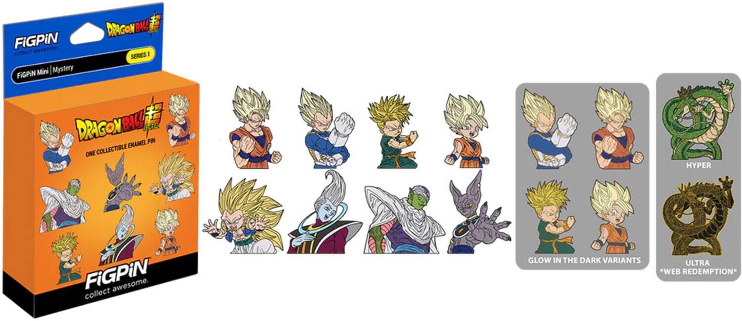 The text on the image can be grouped and corrected as follows:

**Dragon Ball Figpin Mini Mystery Series 1**

- **Figpin** - Awesome Collect Series I
- **Dragon Ball** - One Collectible Enamel Pin
- **Glow in the Dark Variants**
- **Ultra *Web Redemption***
- **Hyper**

This is a collectible enamel pin featuring characters from Dragon Ball, with glow-in-the-dark variants and an ultra web redemption option.