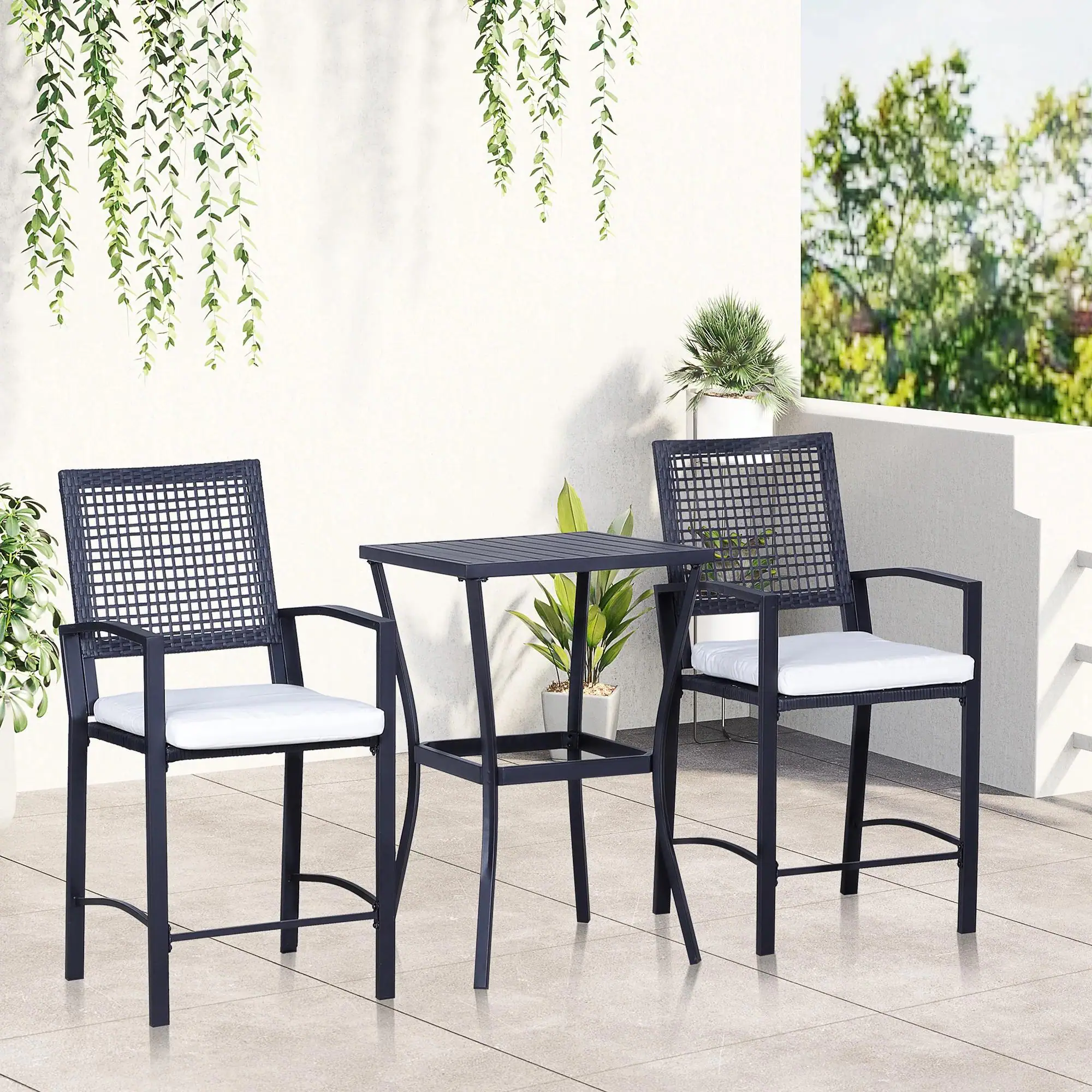 Angle. Spaco - Spaco 3PCS Patio Bar Set with Soft Cushion,Rattan Outdoor Furniture Set - Black.