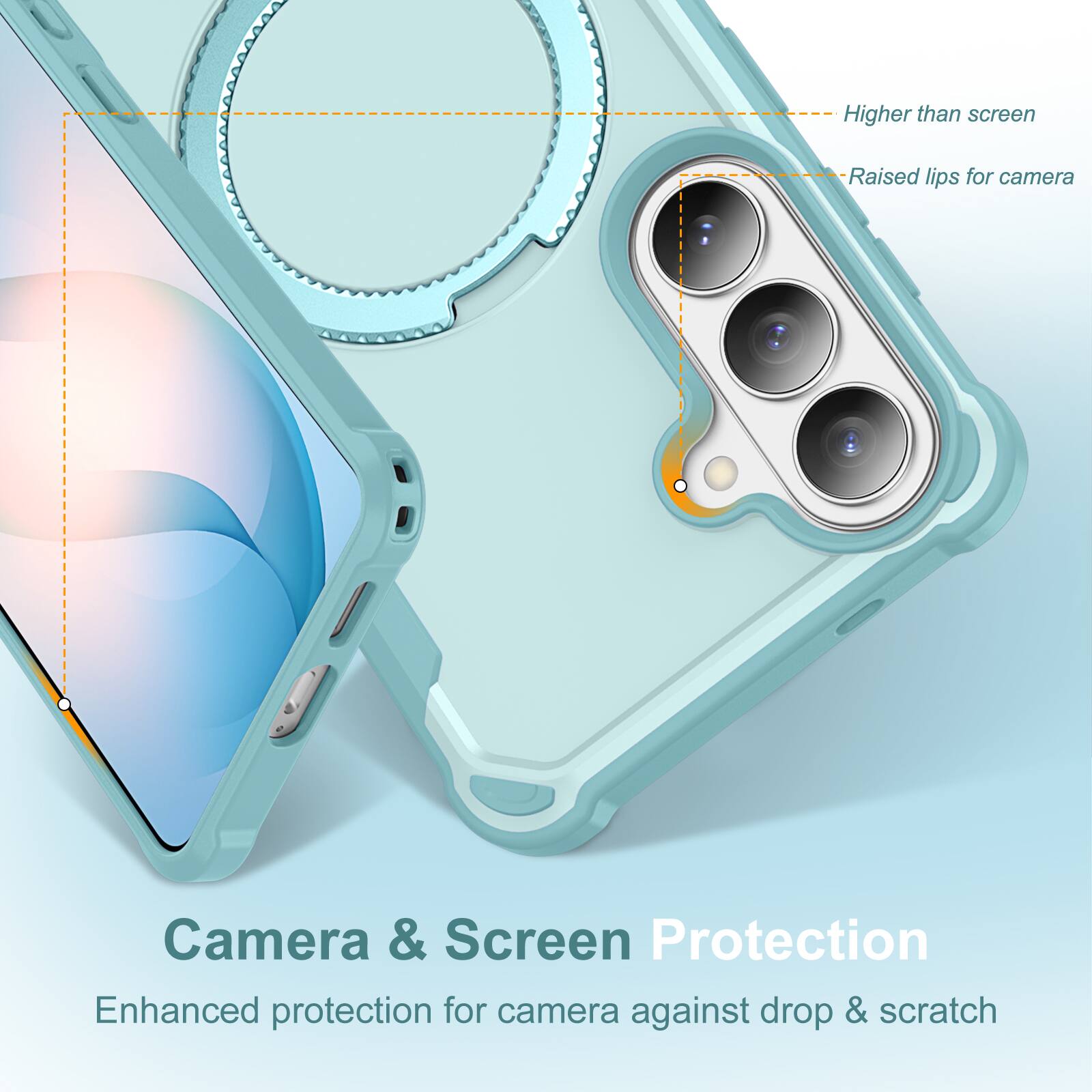 Higher than screen  
Raised lips for camera  
Camera & Screen Protection  
Enhanced protection for camera against drop & scratch