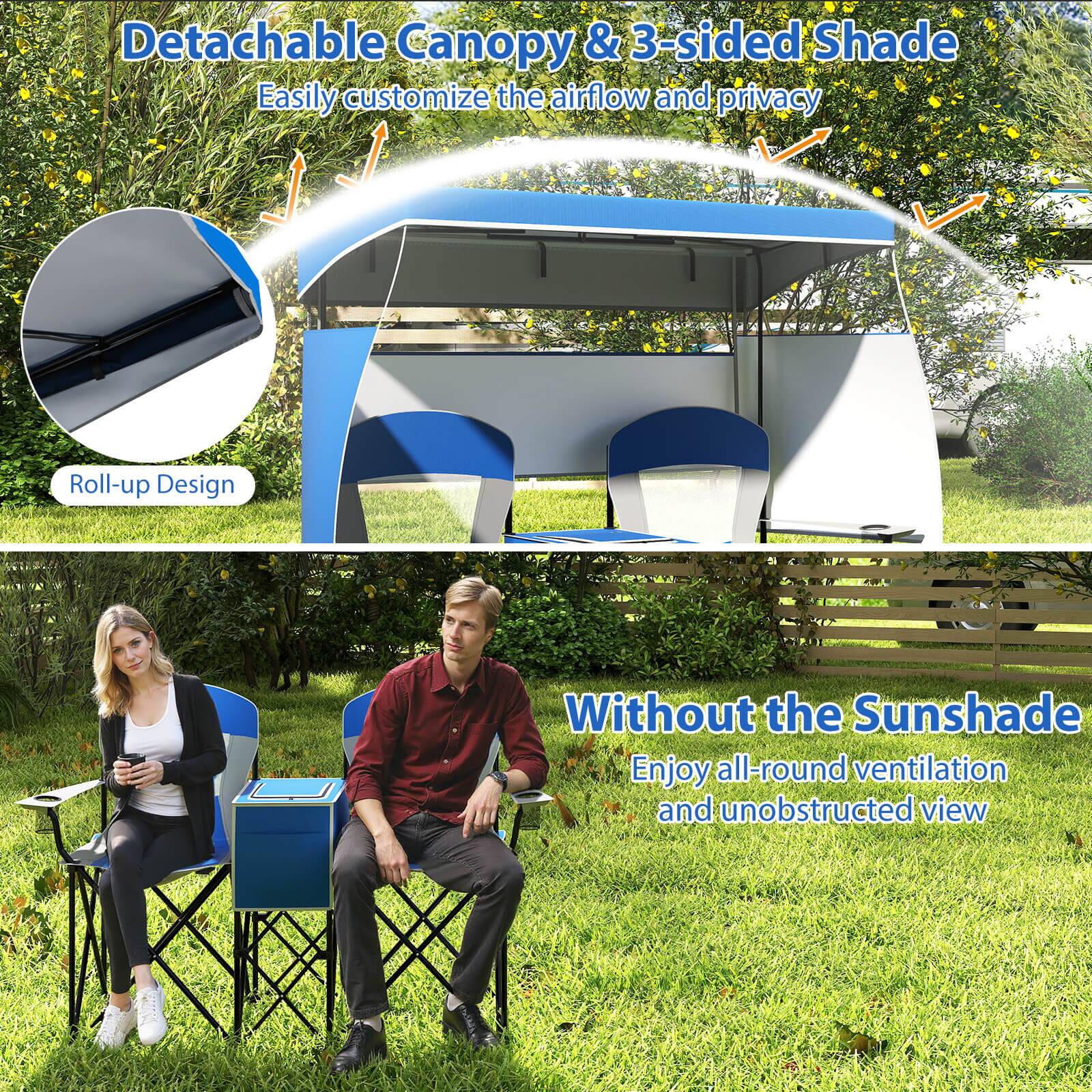 Detachable Canopy & 3-sided Shade  
Easily customize the airflow and privacy  

Roll-up Design  

Without the Sunshade  
Enjoy all-round ventilation and unobstructed view
