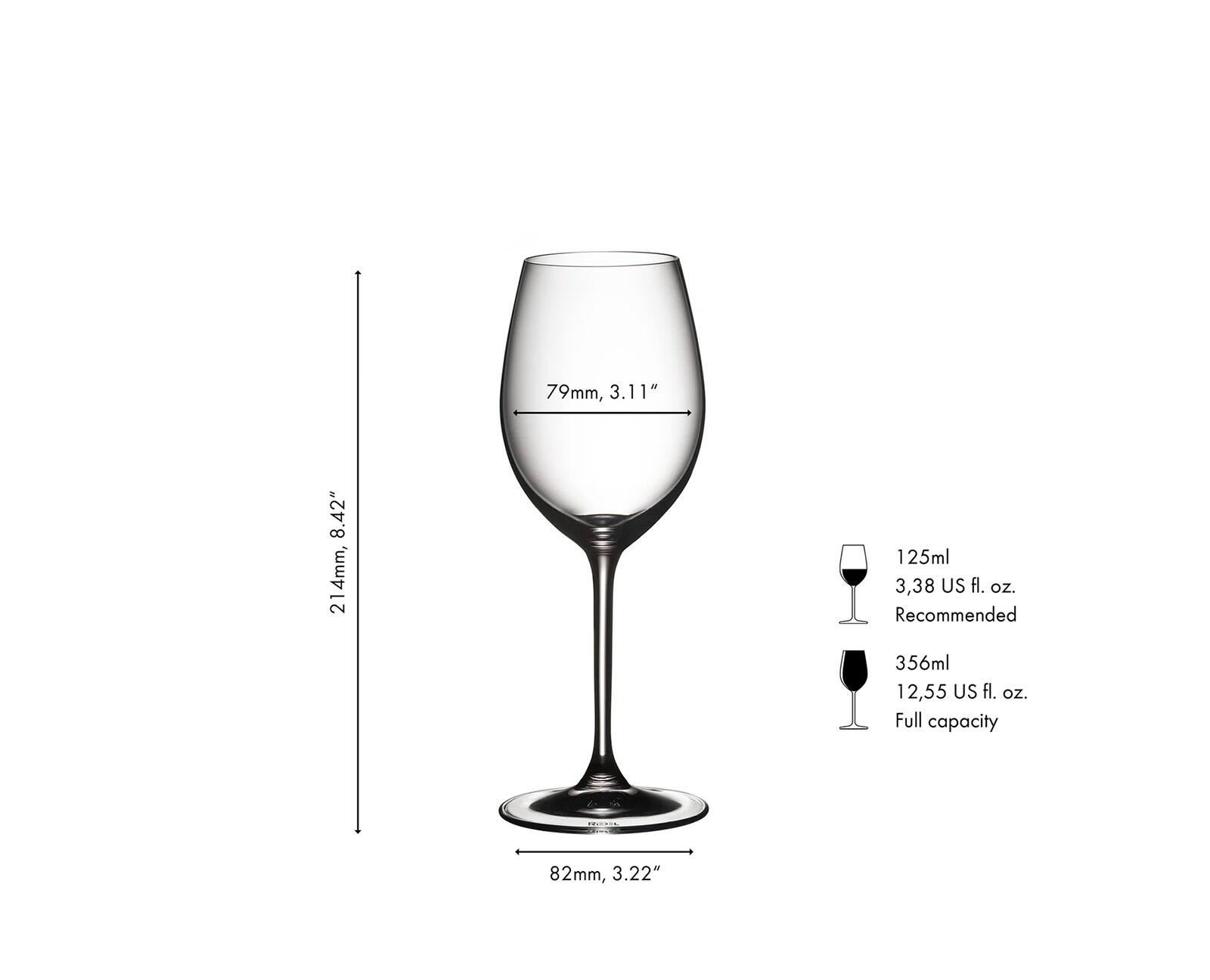 79mm, 3.11"  
8.42" 214mm, 21  
125ml 3.38 US fl. oz. Recommended  
356ml 12.55 US fl. oz. Full capacity  
82mm, 3.22"