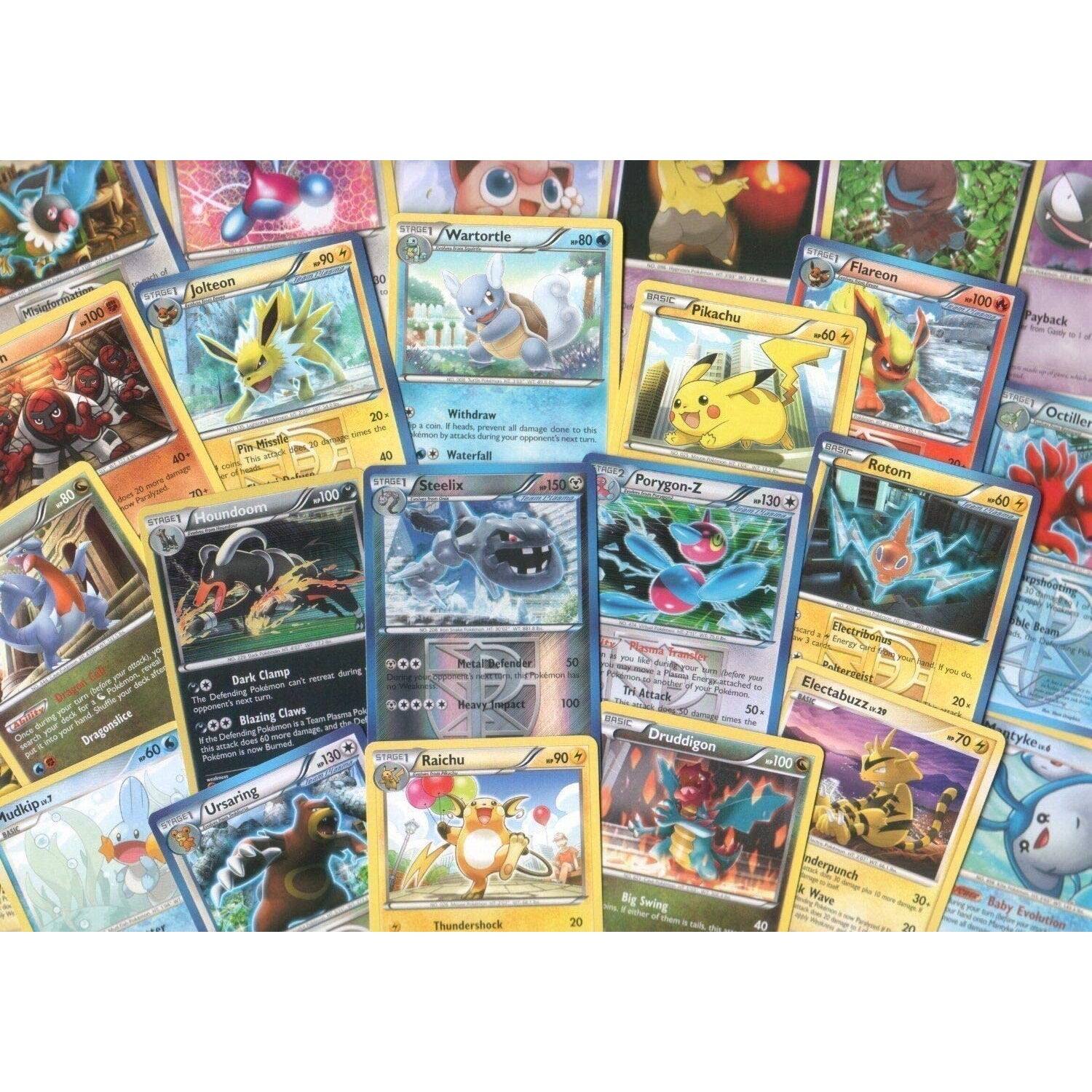 Sure, here is the corrected and grouped text from the image:

**Pokémon Cards:**

1. **Misinformation**
   - 100 HP
   - (No abilities or attacks listed)

2. **Jolteon**
   - 90 HP
   - (No abilities or attacks listed)

3. **Wartortle**
   - 80 HP
   - Waterfall: 40 damage

4. **Pikachu**
   - 60 HP
   - (No abilities or attacks listed)

5. **Flareon**
   - 100 HP
   - (No abilities or attacks listed)

6. **Payback**
   - 80 damage

7. **Houndoom**
   - 100 HP
   - (No abilities or attacks listed)

8. **Steelix**
   - 150 HP
   - (No abilities or attacks listed)

9. **Porygon-Z**
   - 130 HP
   - (No abilities or attacks listed)

10. **Rotom**
    - 60 HP
    - (No abilities or attacks listed)

11. **Octillery**
    - 
