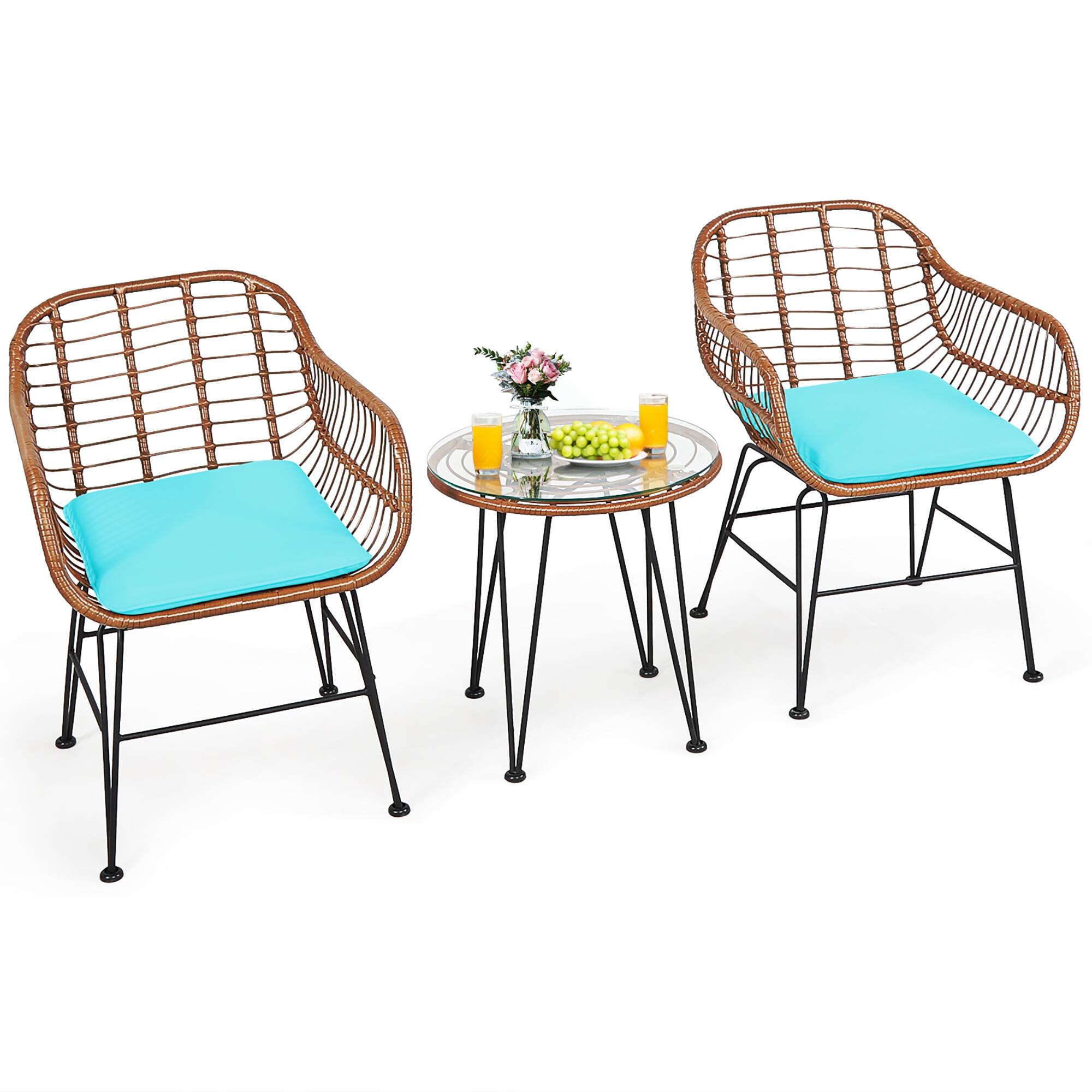 Left. Costway - 3PCS Patio Rattan Bistro Set Table Armchair Garden Cushion - Turquoise.