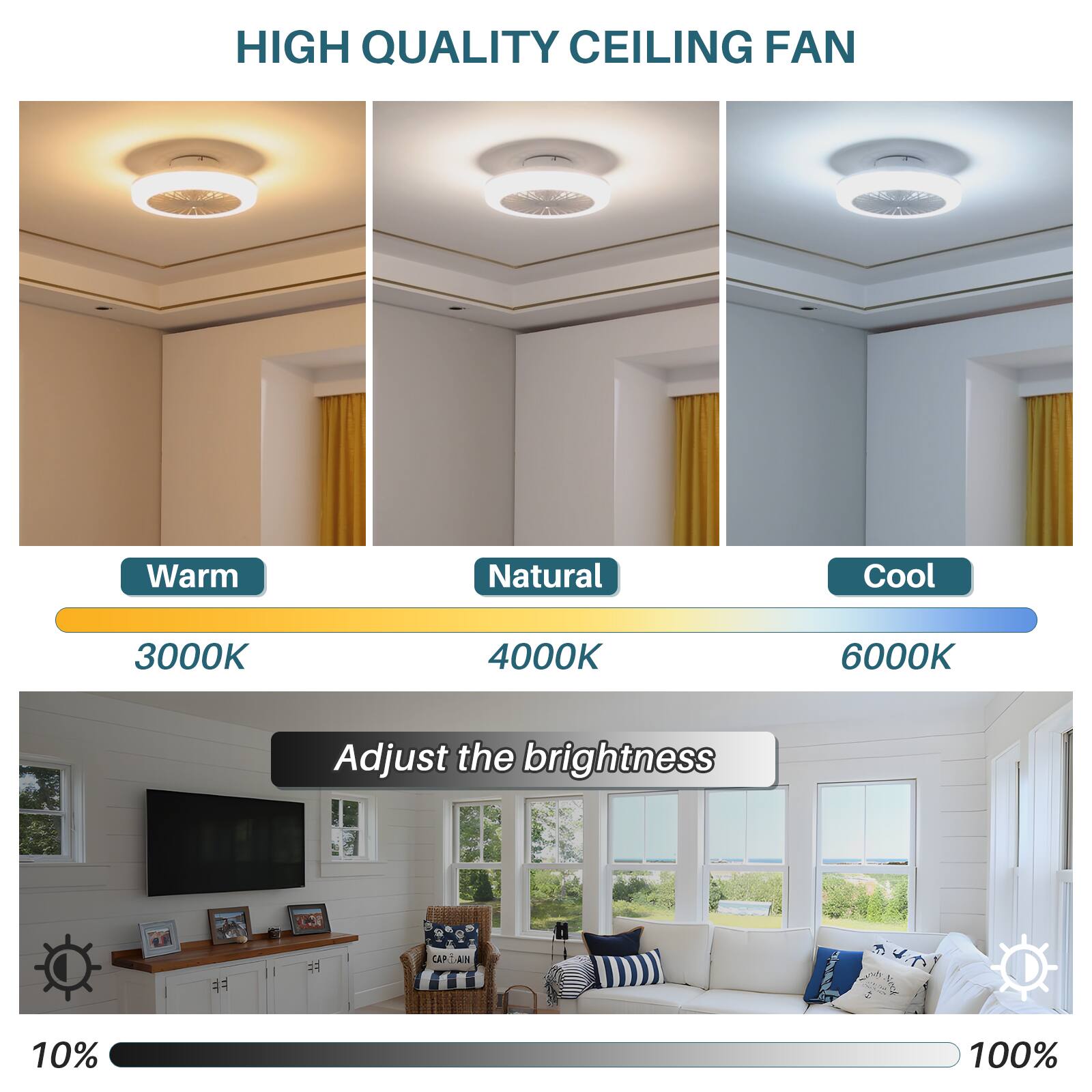 HIGH QUALITY CEILING FAN

Warm 3000K  
Natural 4000K  
Cool 6000K  

Adjust the brightness  
10% 100%