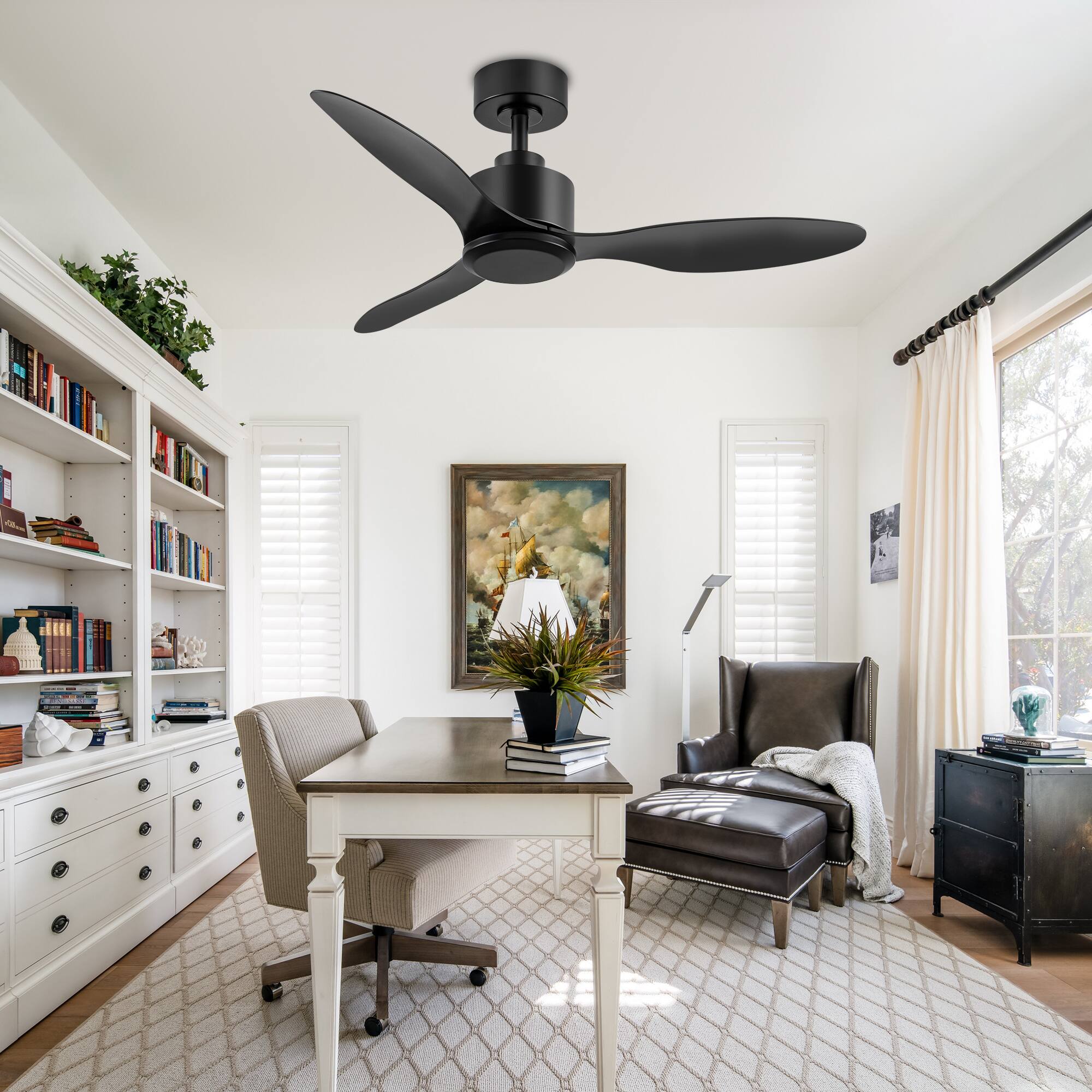 Alt View 2. Breezary - 42" Modern Indoor Ceiling Fan, 3 ABS Blades, 6-Speed DC Motor, Remote Control, Timer, 5'' Downrod, Light/No Light Option - Matte Black (Without Light).