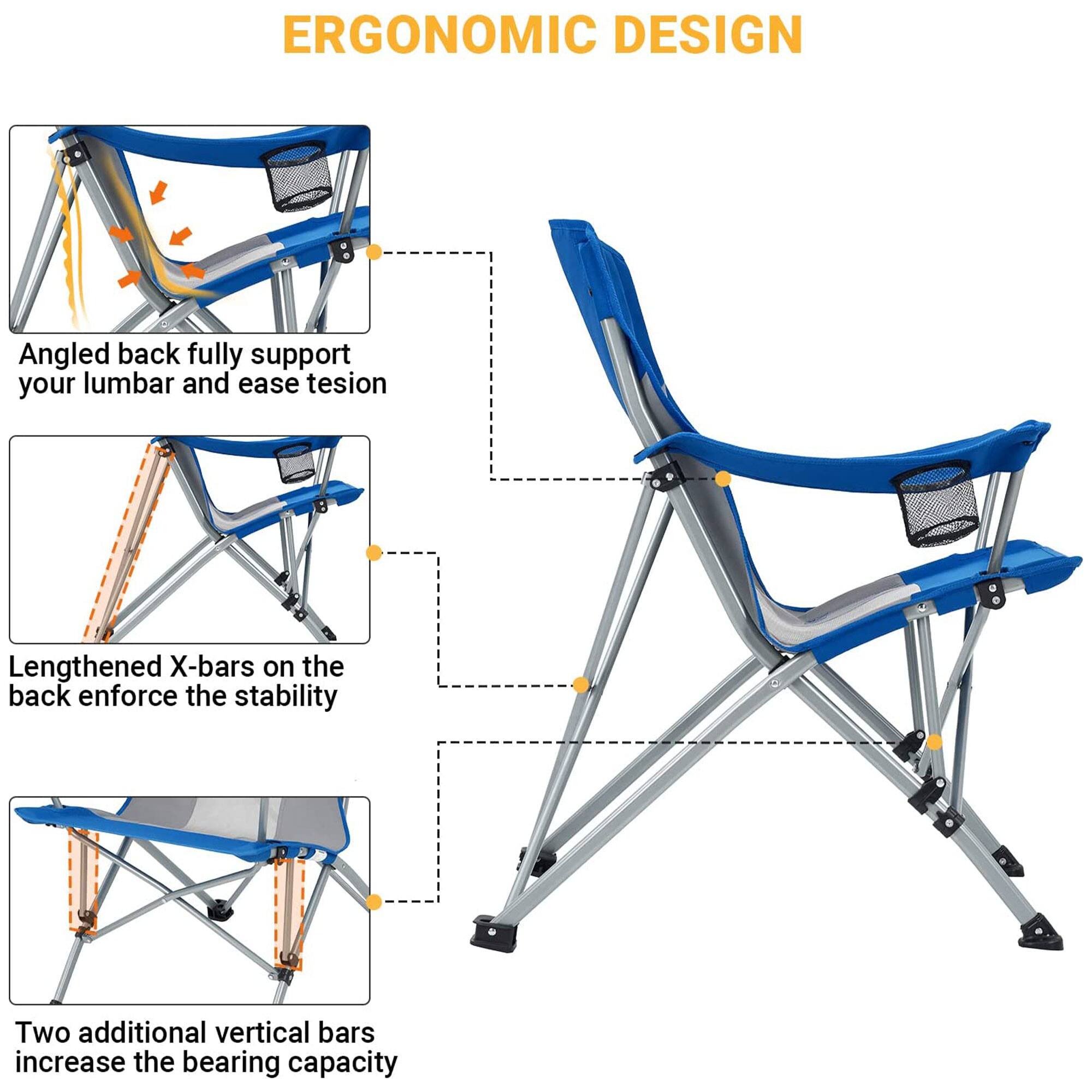ERGONOMIC DESIGN

- Angled back fully support your lumbar and ease tension
- Lengthened X-bars on the back enforce the stability
- Two additional vertical bars increase the bearing capacity