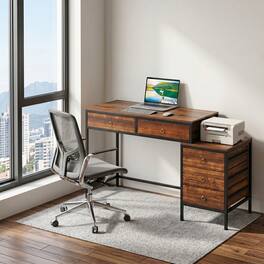 WELLFOR - 51" Computer Desk with 5 Drawers & Printer Stand, Writing Desk for Home Office - Rustic Brown