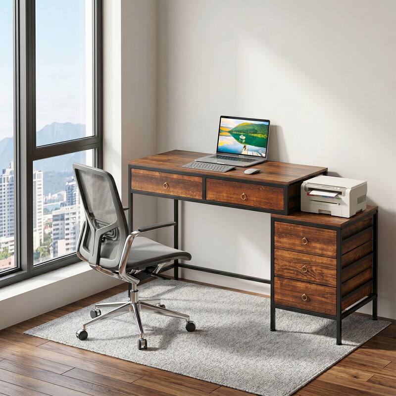 Front. WELLFOR - 51" Computer Desk with 5 Drawers & Printer Stand, Writing Desk for Home Office - Rustic Brown.