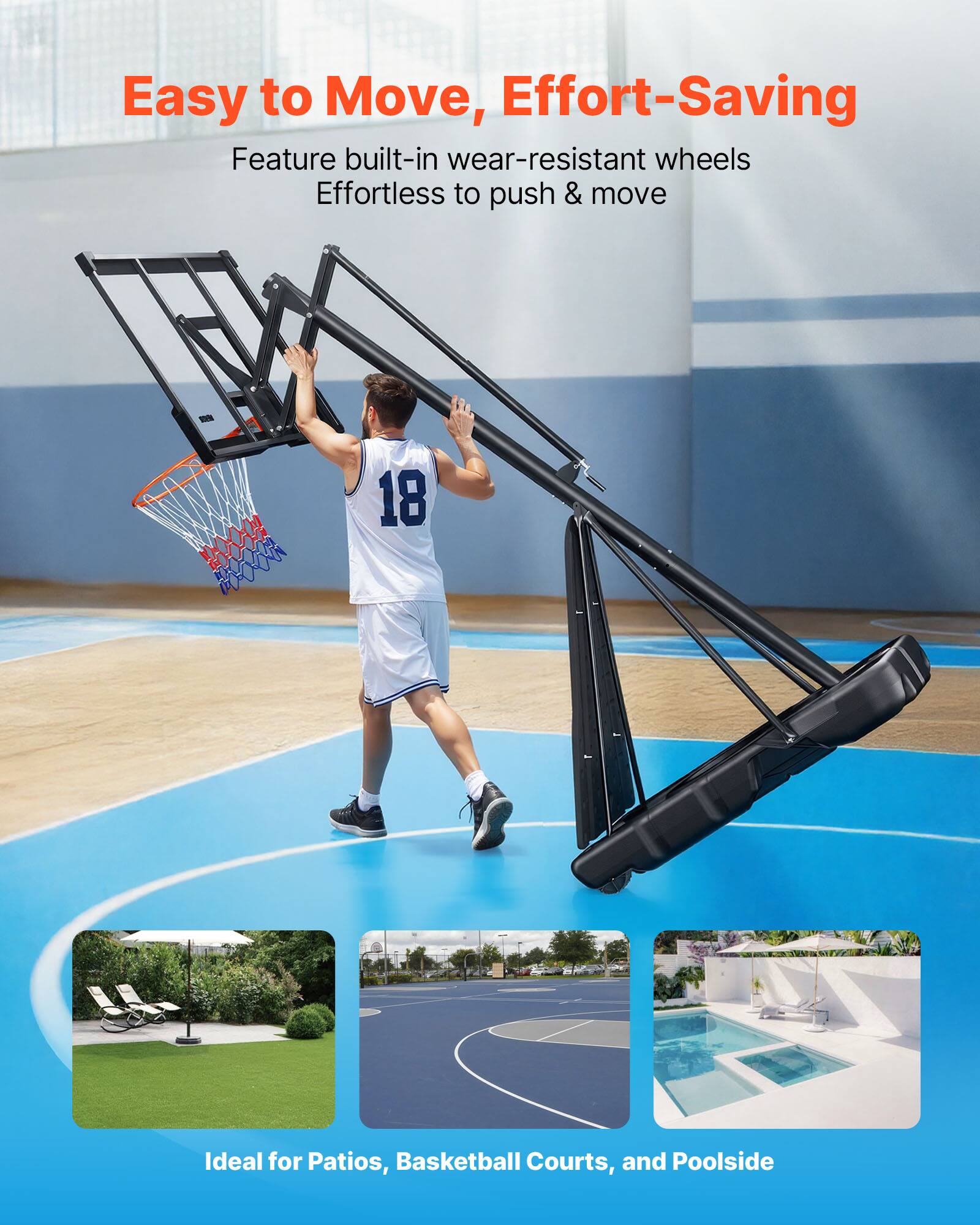 Easy to Move, Effort-Saving

Feature built-in wear-resistant wheels  
Effortless to push & move

Ideal for Patios, Basketball Courts, and Poolside