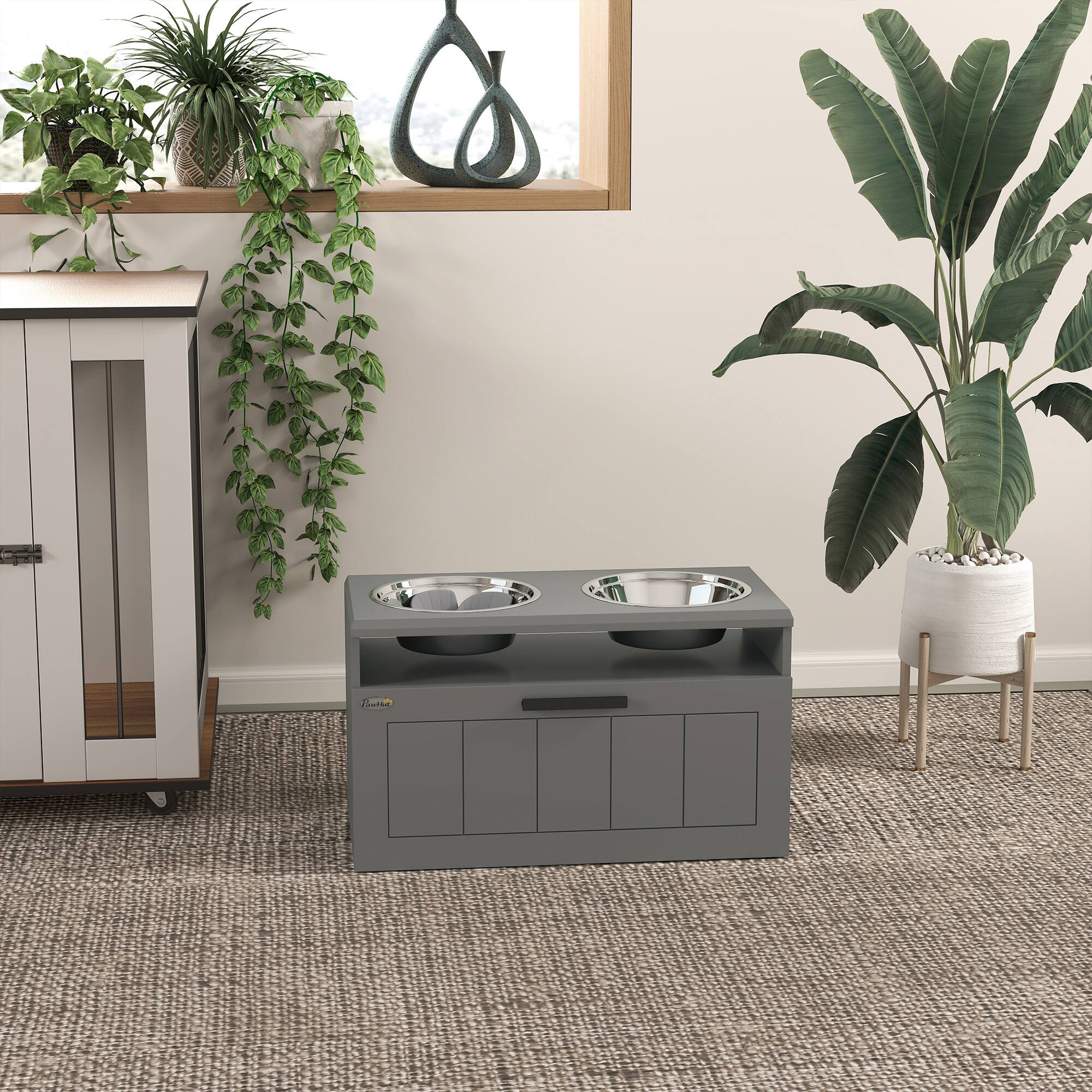 Alt View 7. Pawhut - Dog Bowls, Large Breed Raised Dogs Bowl Stand with 2 Stainless Steel Bowls - Gray.