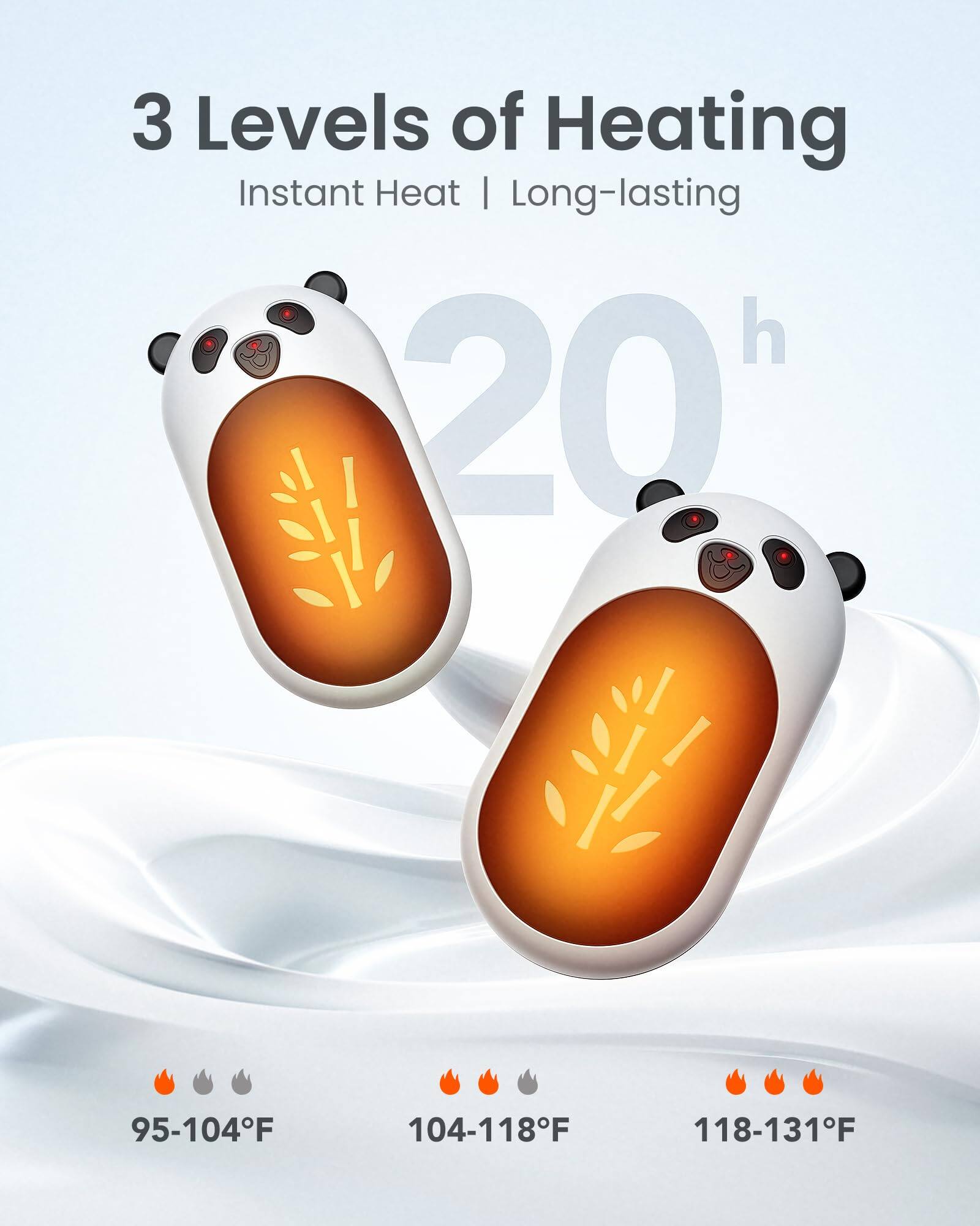3 Levels of Heating  
Instant Heat | Long-lasting  
20h  
95-104°F  
104-118°F  
118-131°F