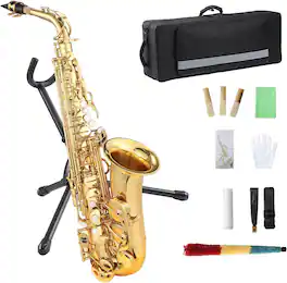 Homhougo - AS-100 Eb Alto Saxophone Kit with Case, Cleaning Cloth, Gloves & Accessories for Beginners - Gold