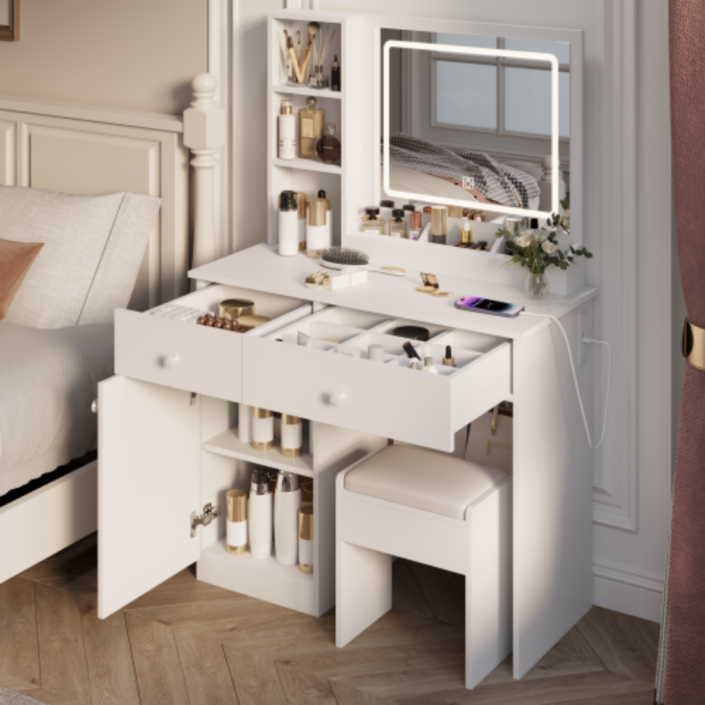 Front. LUCKY ONE - Vanity Desk with 3-Color Adjustable Lighted Mirror, Multiple Storage and 2 Drawers for Bedroom - White.