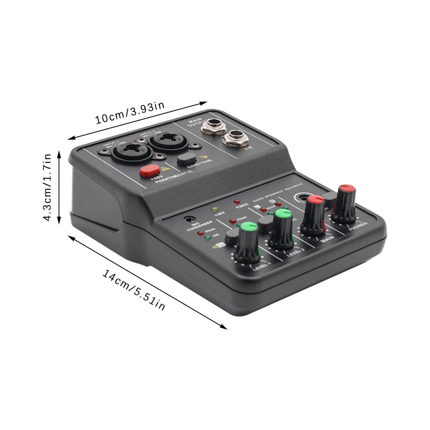 4.3cm/1.7in  
10cm/3.93in  
14cm/5.51in  

MAIN OUTPUT  
CAM-MIC  
PHANTOM 48V  
MIC/CONSUMER  
MAIN  
PHONES  

LEVEL 1  
LEVEL 2  
PHONES  

AUDIO INTERFACE  
MAIN