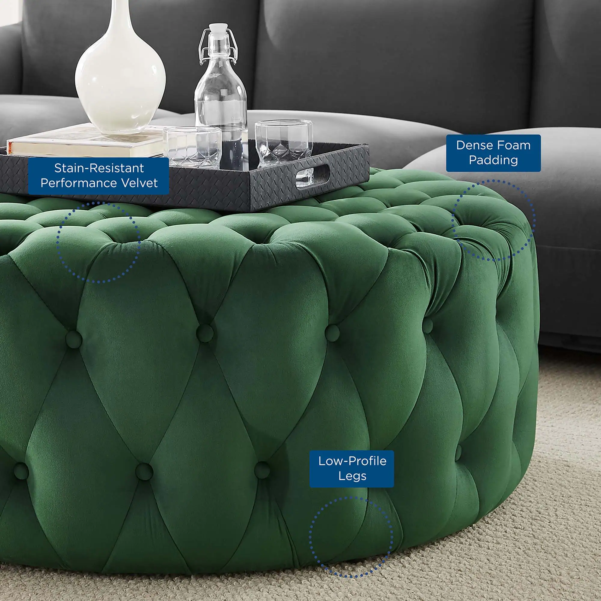 - Stain-Resistant Performance Velvet
- Dense Foam Padding
- Low-Profile Legs