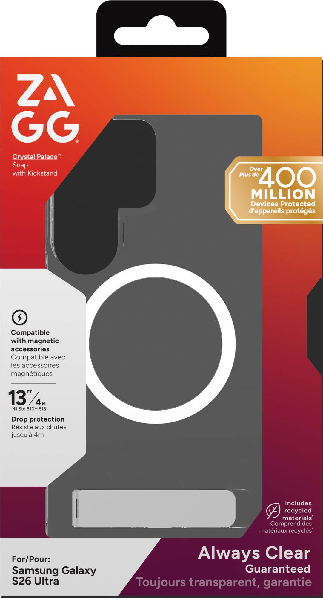 ZA GG Crystal Palace Snap with Kickstand  
Compatible with magnetic accessories  
Compatible avec les accessoires magnétiques  
Over 400 MILLION Devices Protected  
Plus de 400 MILLION d'appareils protégés  
13/4" Drop protection  
Resiste aux chutes jusqu'à 4m  
Includes recycled materials  
Comprend des matériaux recyclés  
For/Pour: Samsung Galaxy S26 Ultra  
Always Clear Guaranteed  
Toujours transparent, garantie