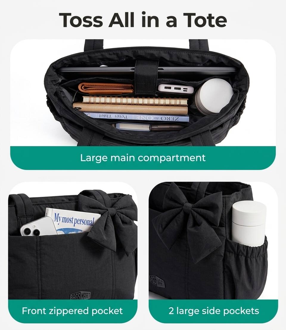 Toss All in a Tote

ONE x3 ZERO Large main compartment

My most personal RAGS MART Front zippered pocket

2 large side pockets