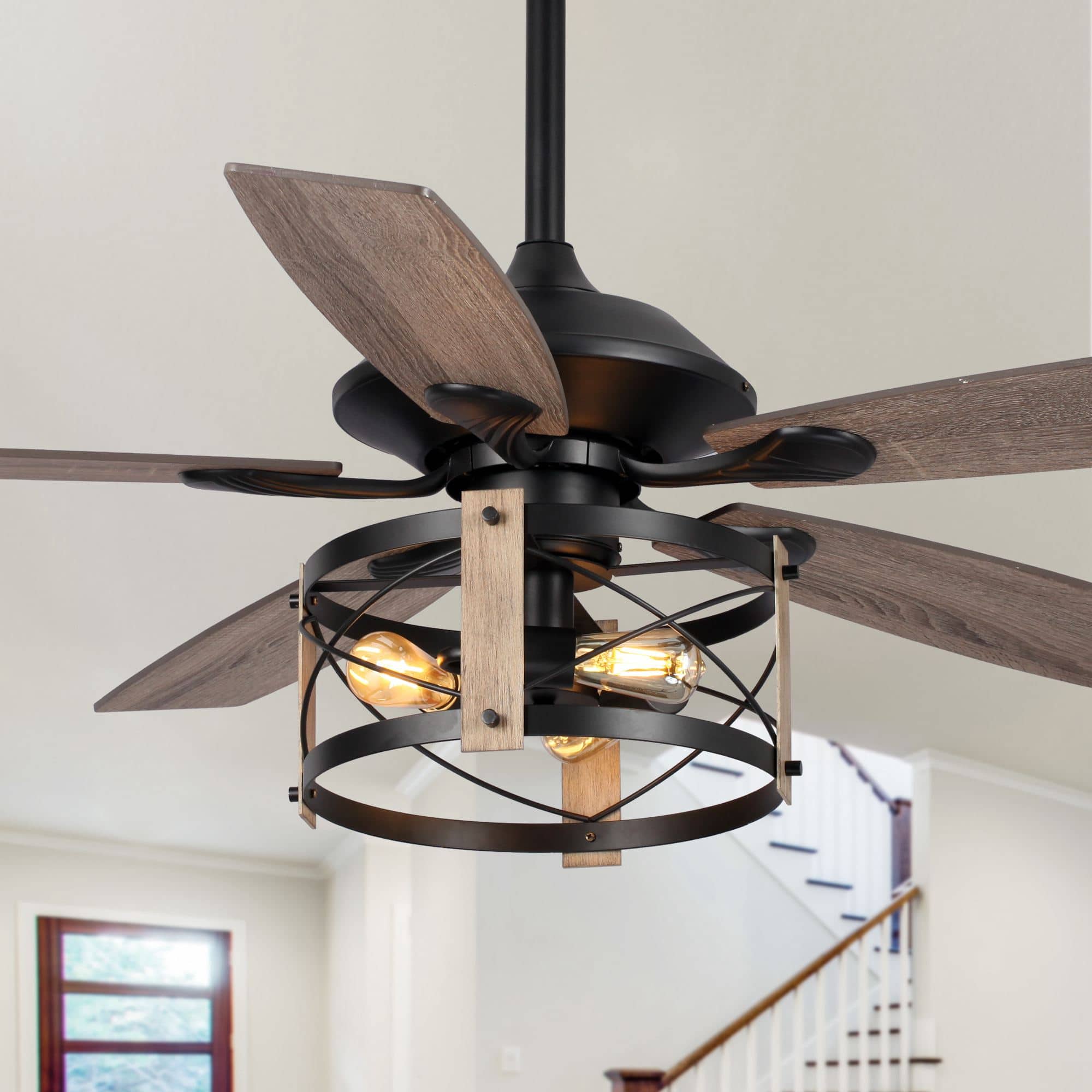 Front. Parrot Uncle - 52" Walnut Wood 5-Blade Industrial Indoor Ceiling Fan Chandelier with Remote - Black.