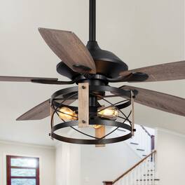 Parrot Uncle - 52" Walnut Wood 5-Blade Industrial Indoor Ceiling Fan Chandelier with Remote - Black
