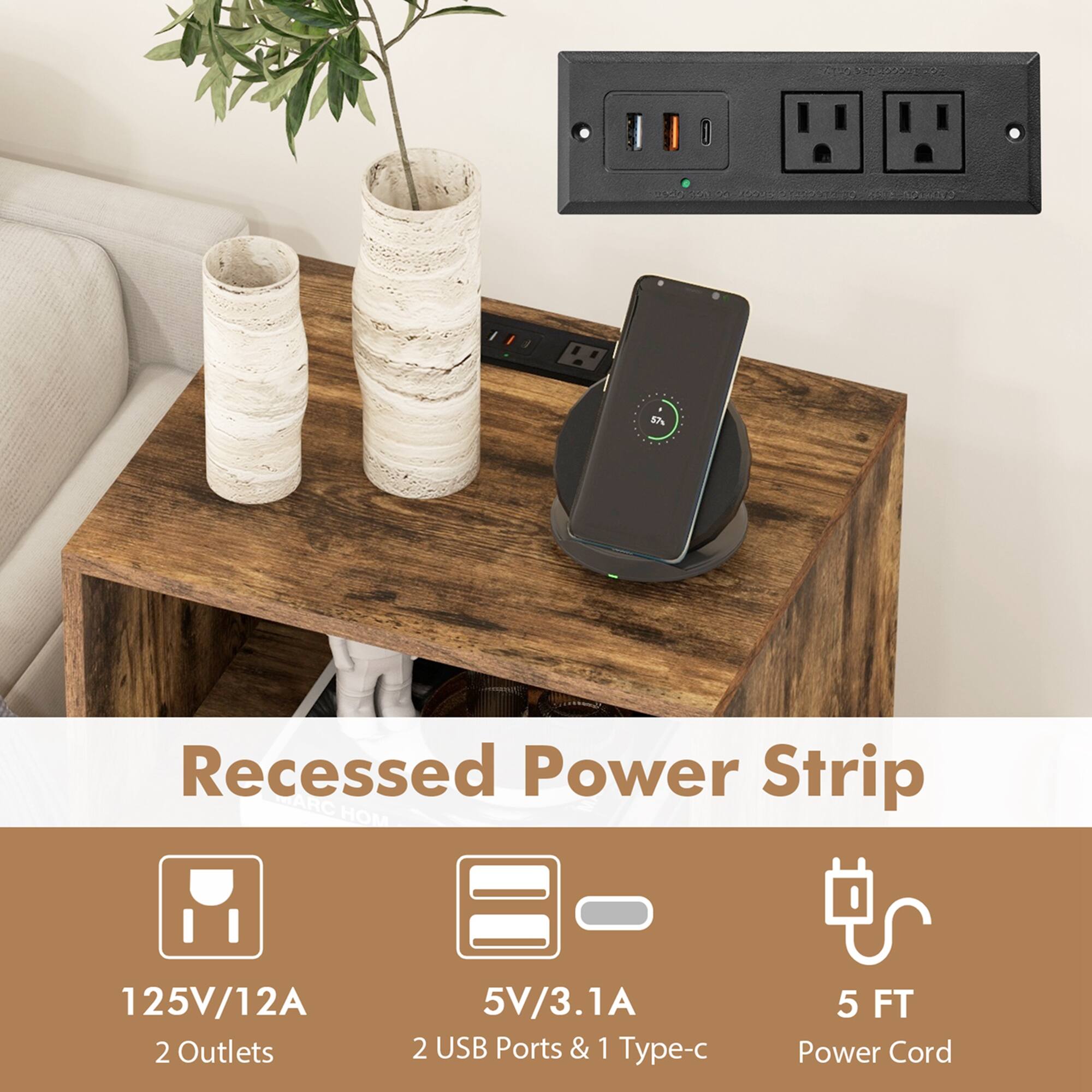 Recessed Power Strip

- 125V/12A
- 2 Outlets
- 5V/3.1A
- 2 USB Ports & 1 Type-C
- 5 FT Power Cord