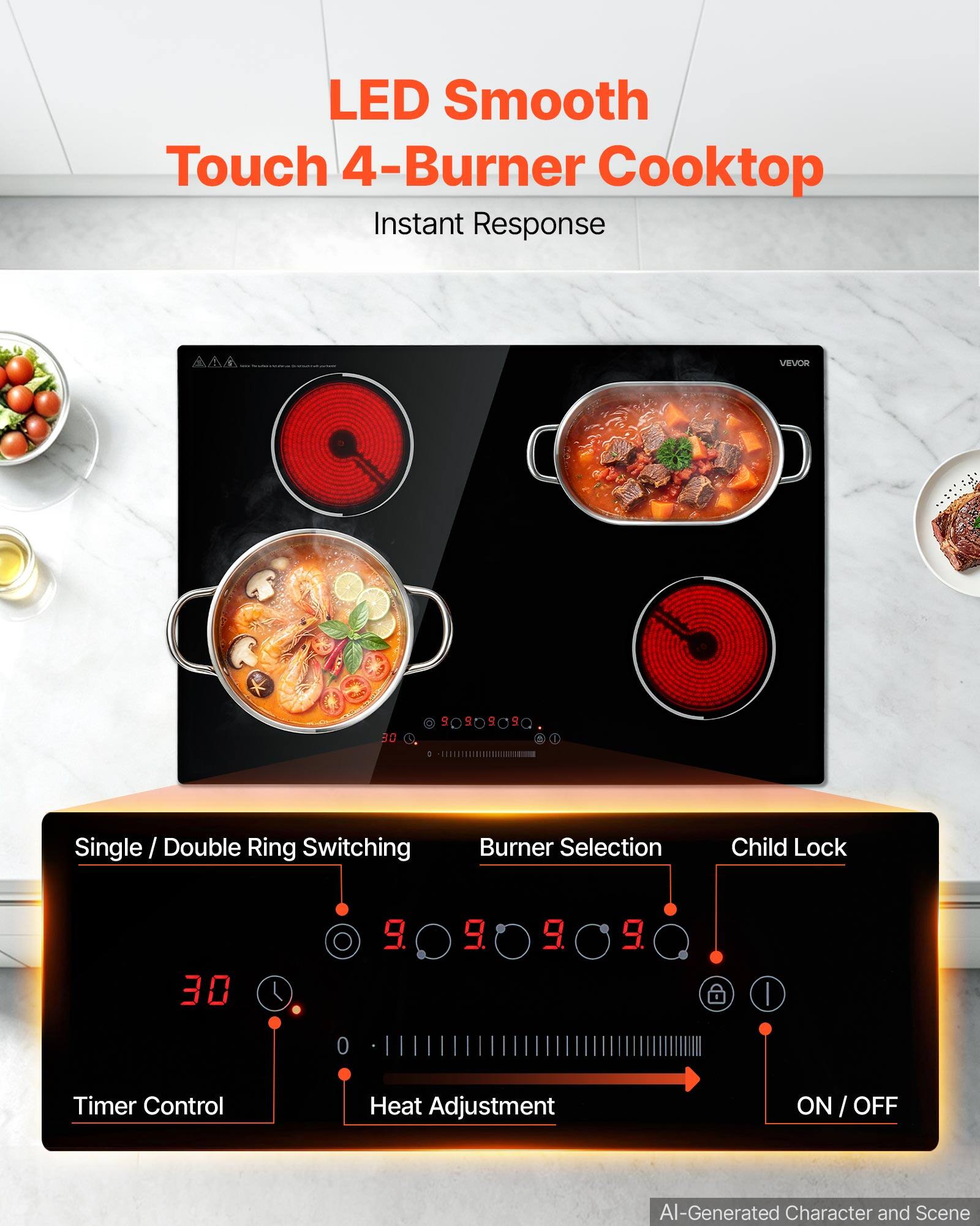 LED Smooth Touch 4-Burner Cooktop Instant Response

VEVOR

30

Single / Double Ring Switching

Burner Selection

Child Lock

30

Timer Control

Heat Adjustment

ON / OFF

AI-Generated Character and Scene