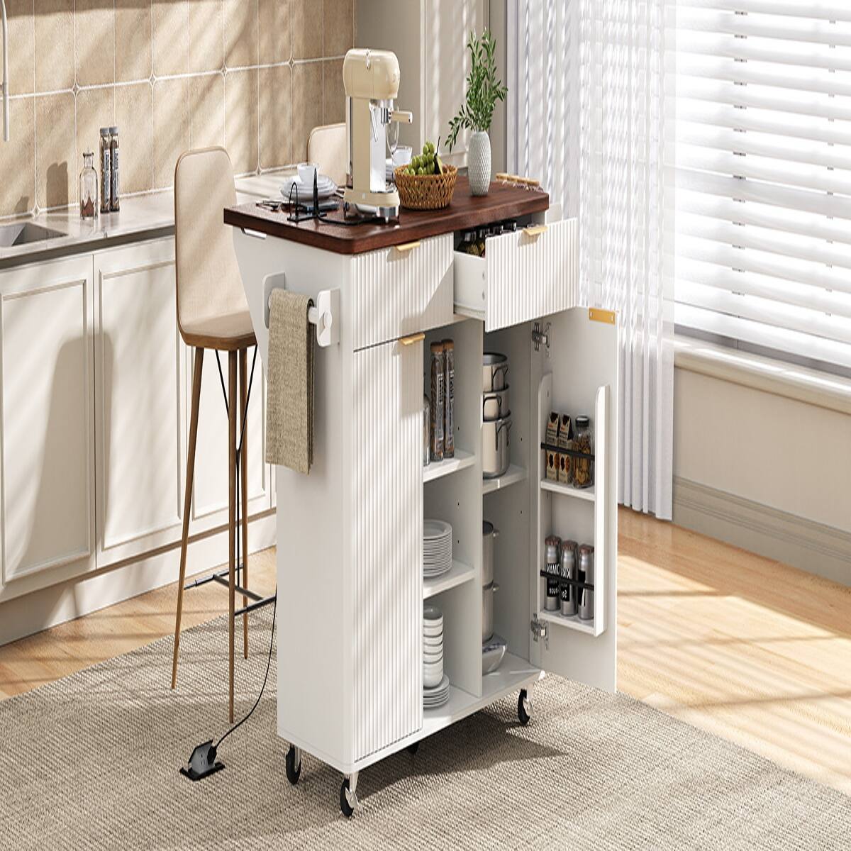 Alt View 10. Loheer - Loheer 52-Inch White Kitchen Island with Drop Leaf, Walnut Top, Rolling Kitchen Island with Storage and Power Outlet - White.