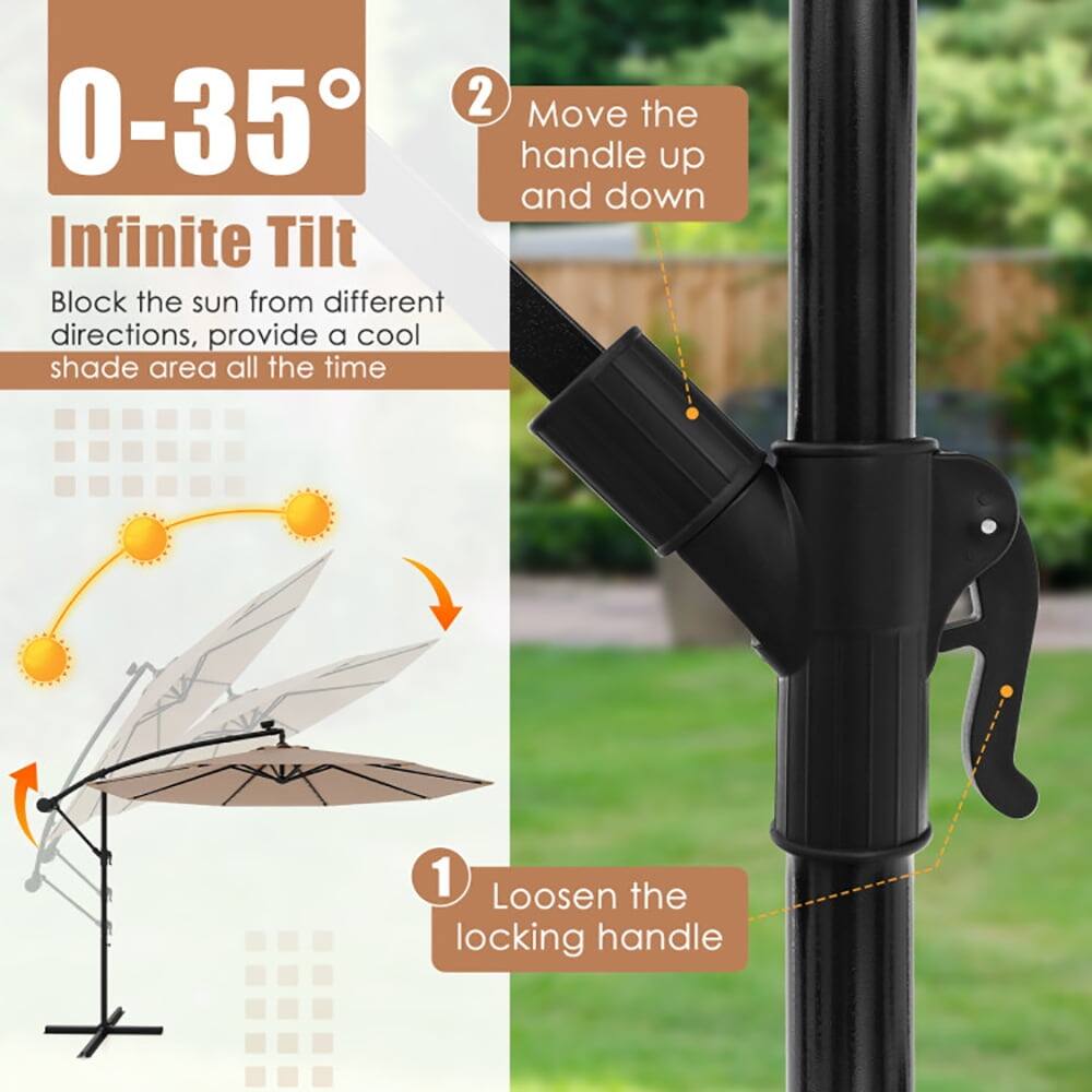 1. Loosen the locking handle  
2. Move the 0-35° handle up and down  

Infinite Tilt  
Block the sun from different directions, provide a cool shade area all the time