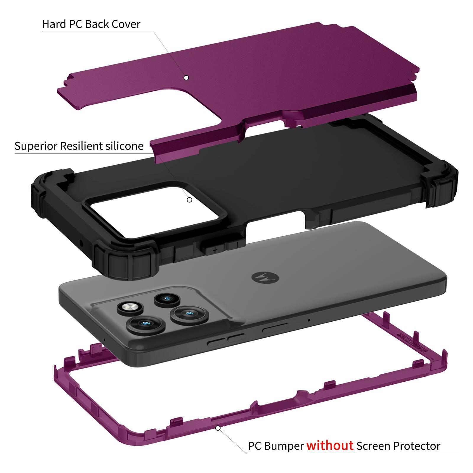 Hard PC Back Cover  
Superior Resilient Silicone  
PC Bumper without Screen Protector