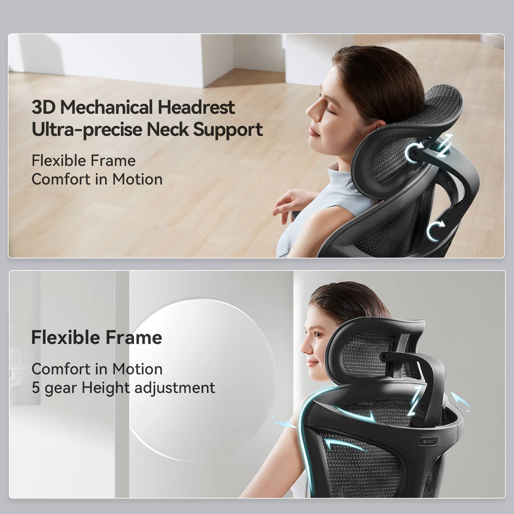 3D Mechanical Headrest Ultra-precise Neck Support, Flexible Frame, Comfort in Motion, Flexible Frame, Comfort in Motion, 5 gear Height adjustment