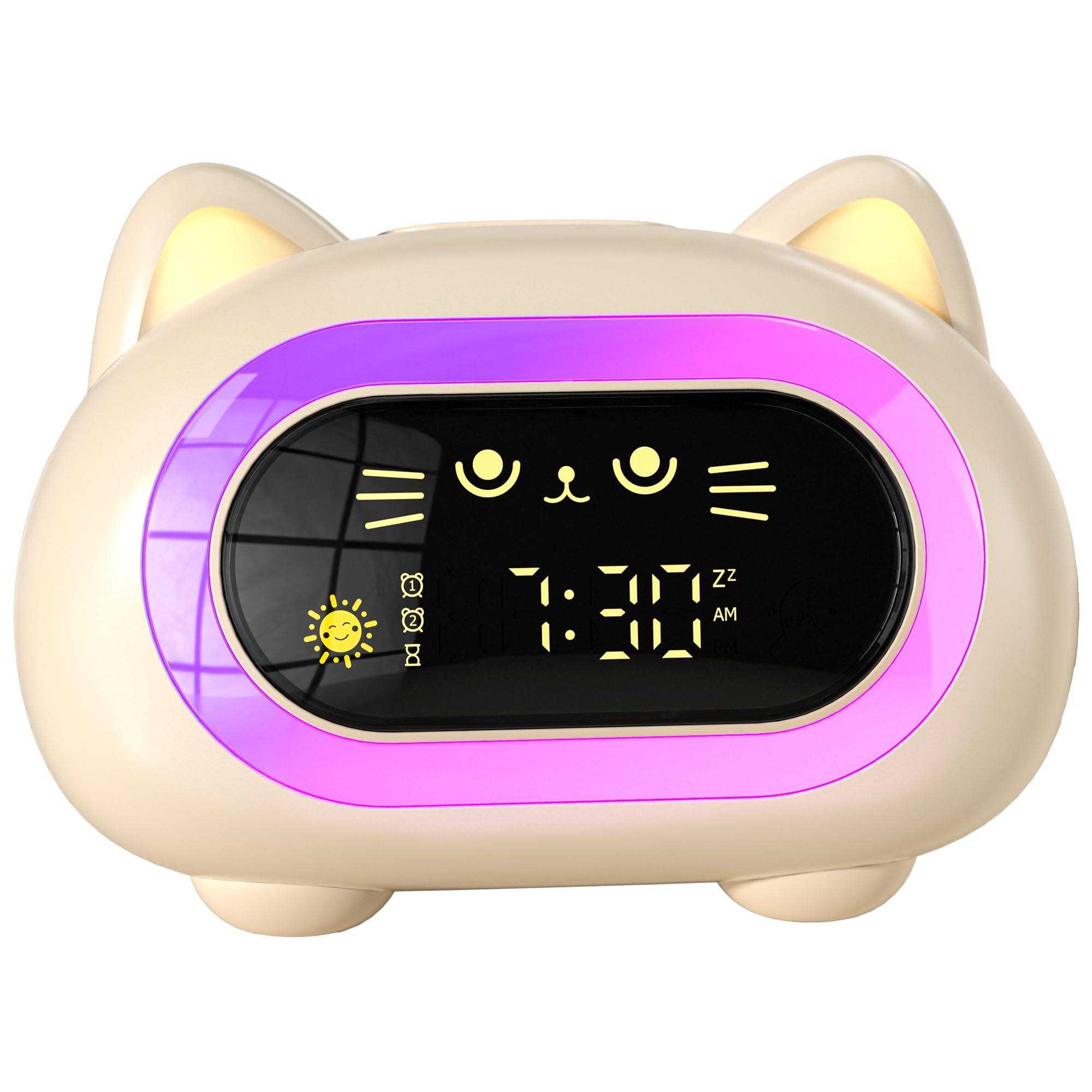 Front. Dazzed Corner - Kids Alarm Clock, Dual Alarm with with Eye Protection Sleep Training - Creamy White.