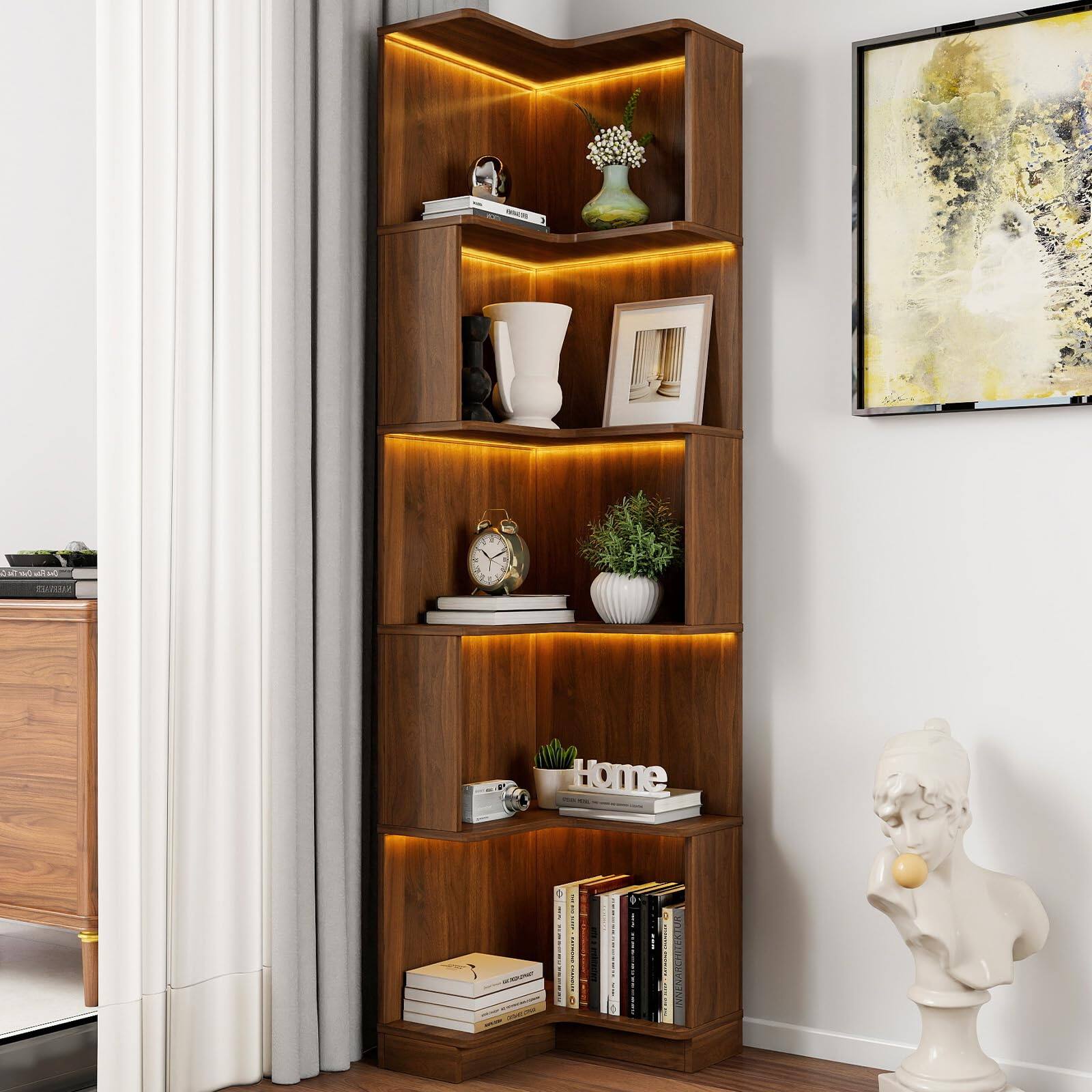 Ecooso - 5 Tier Corner Bookshelf Bookcase with Baffle, Freestanding L Shaped Display Shelf Stand with led lights for Home Office - Walnut