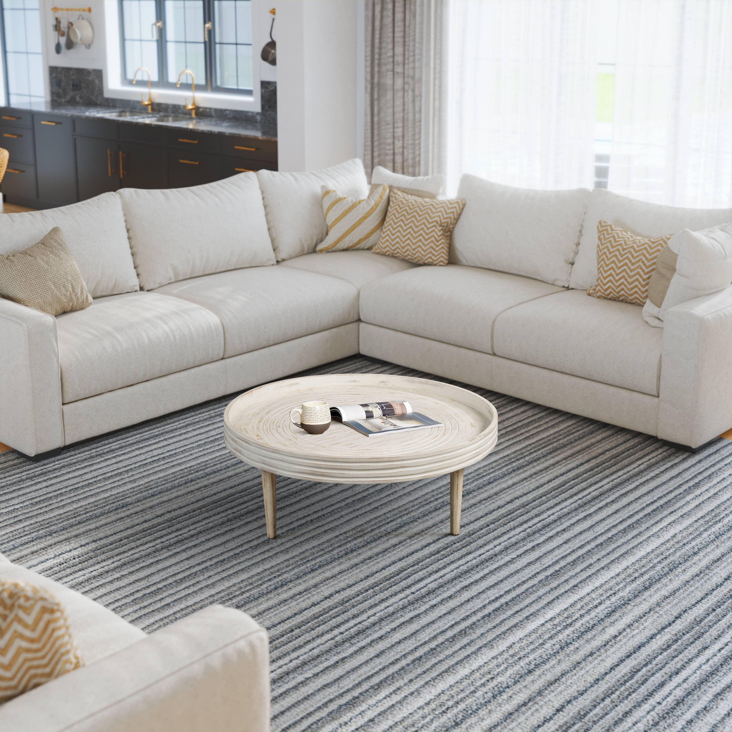 Alt View 9. Manhattan Lane - 33 Inch Coffee Table, Solid Mango Wood, Handcrafted Round Grooved Raised Edge - White.