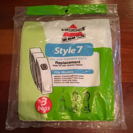 Bissell
Style 7
VACUUM CLEANER BAGS
Replacement vacuum cleaner bags for your vacuum cleaner
Fits Models:
BISSELL PowerForce® 3522 Series
BISSELL PowerGlide™ 3545 Series
BISSELL Plus® 3550 Series
BISSELL Lift-Off® 3554 Series
3 bags
