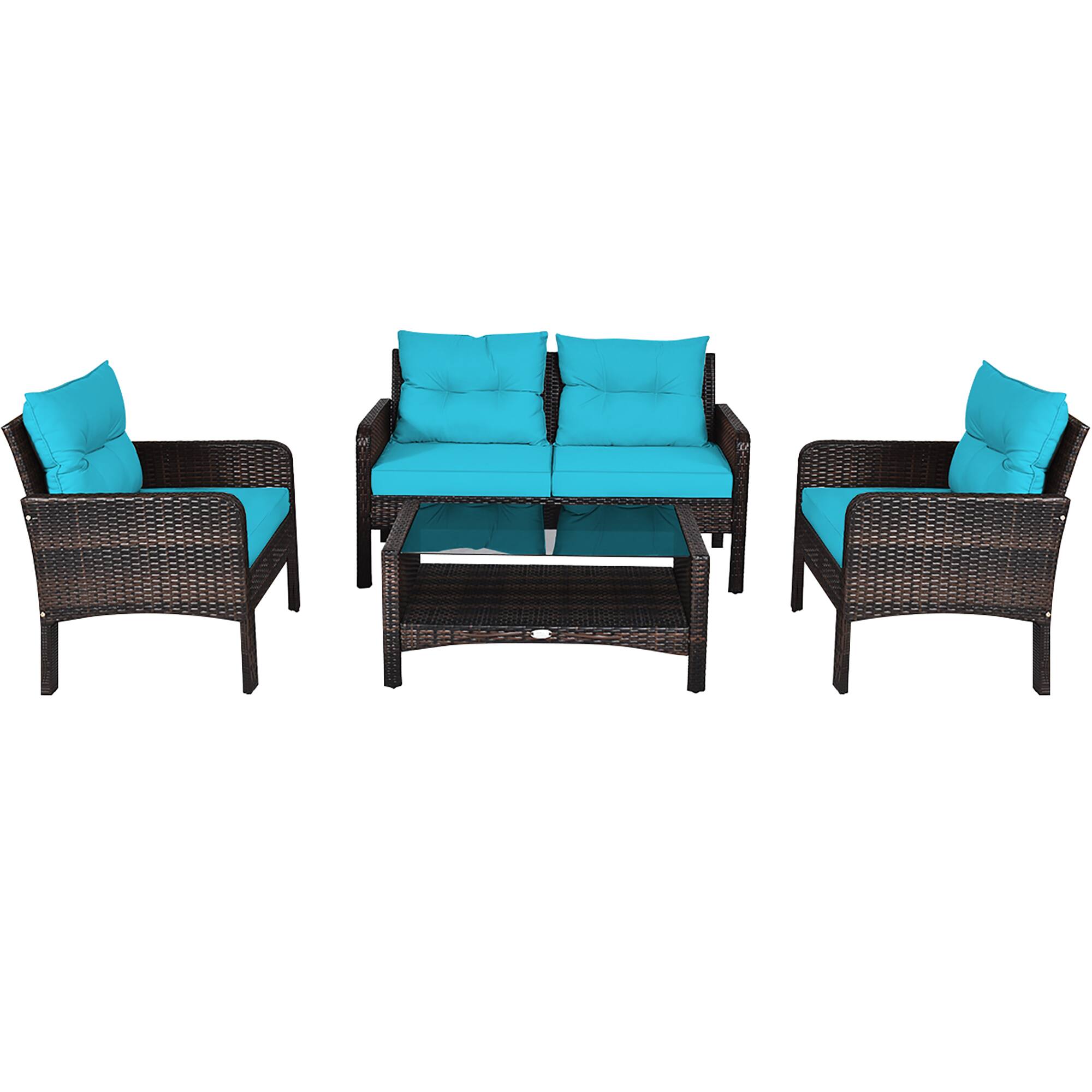 Alt View 9. Costway - Costway 4PCS Patio Rattan Furniture Set Loveseat Sofa Coffee Table W/ Cushion - Turquoise.