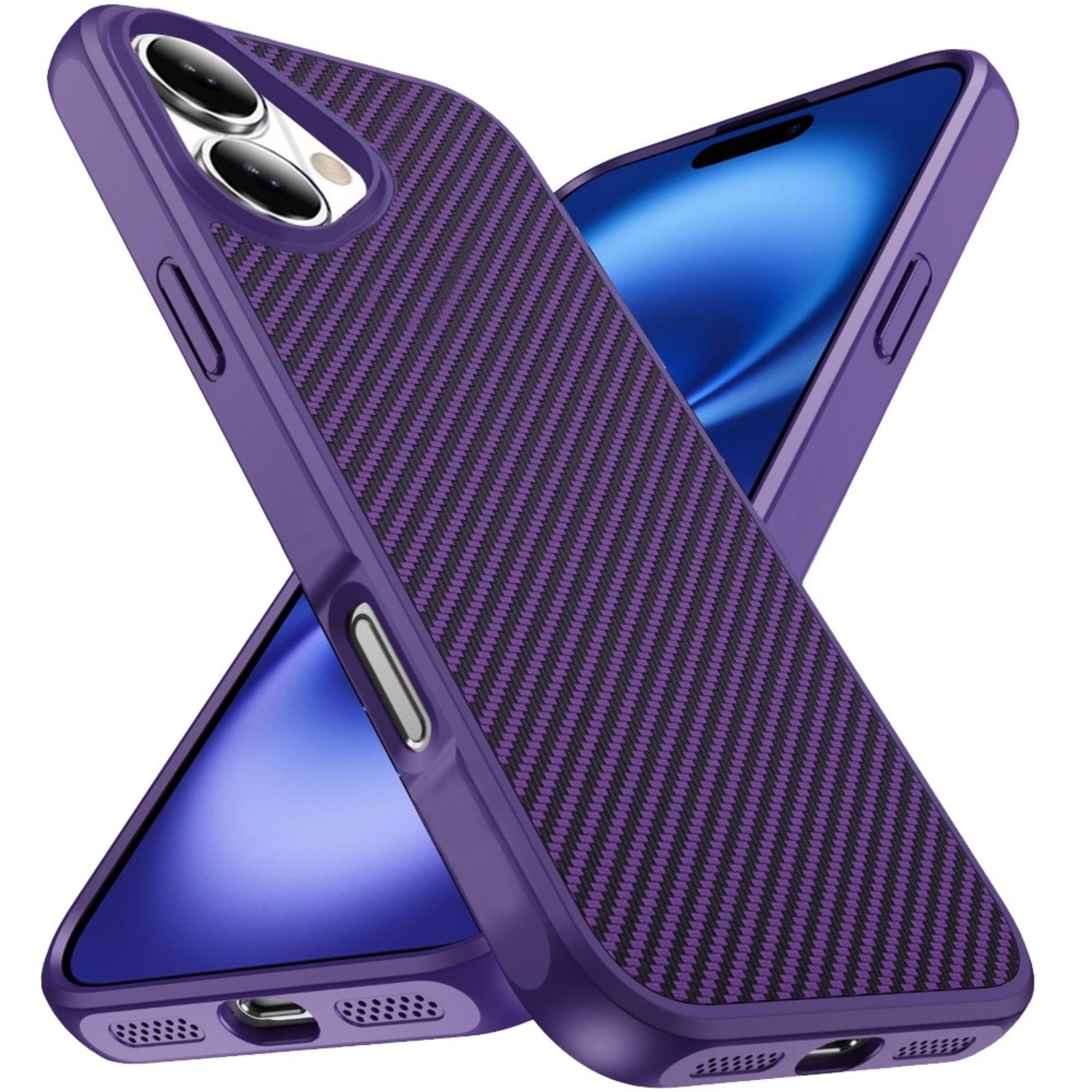 Angle. Kitcheniva - Carbon Fiber Print Hidden Magnetic Circle Phone Case With Tempered Glass For iPhone 17 Dark Purple - Dark Purple.