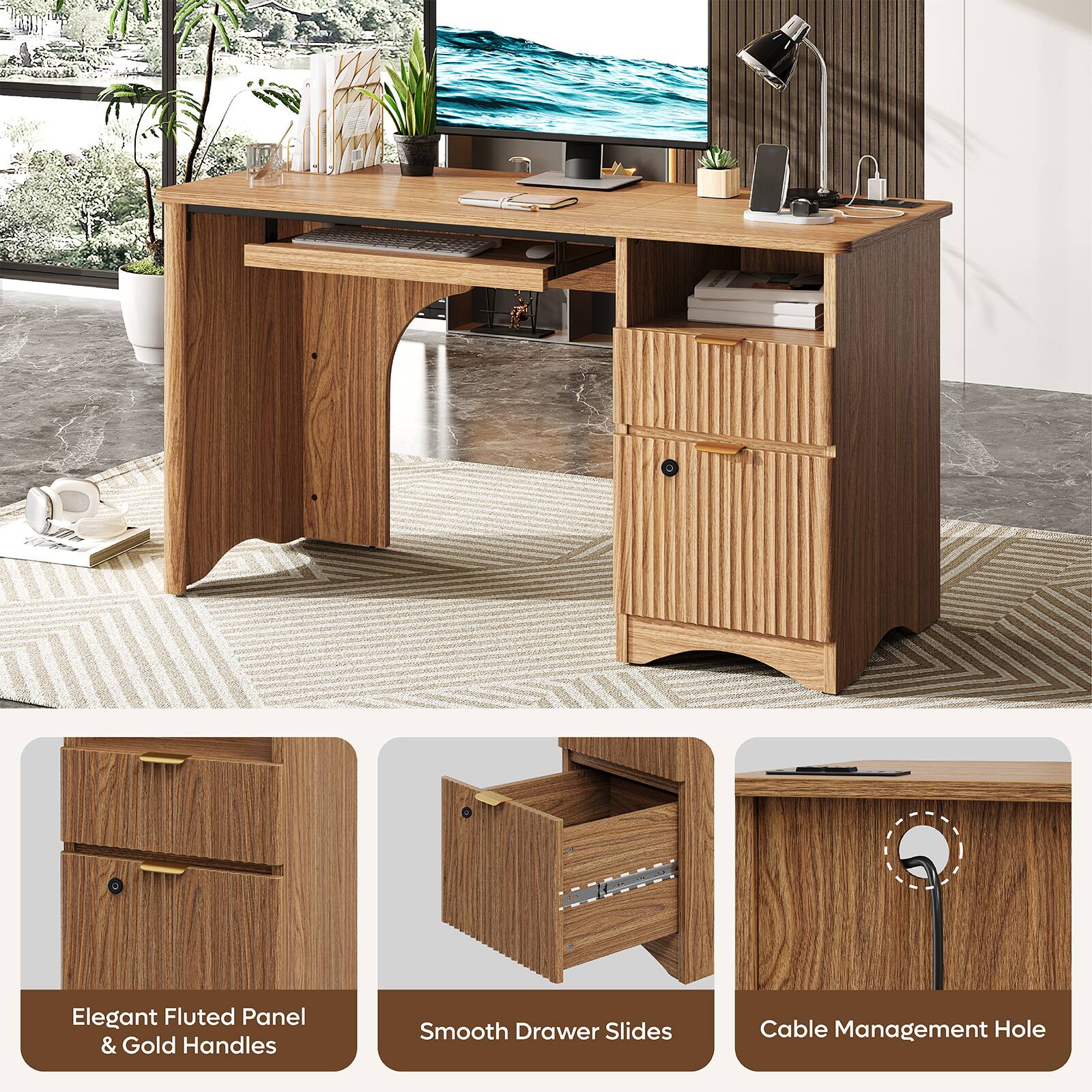 Elegant Fluted Panel & Gold Handles  
Smooth Drawer Slides  
Cable Management Hole