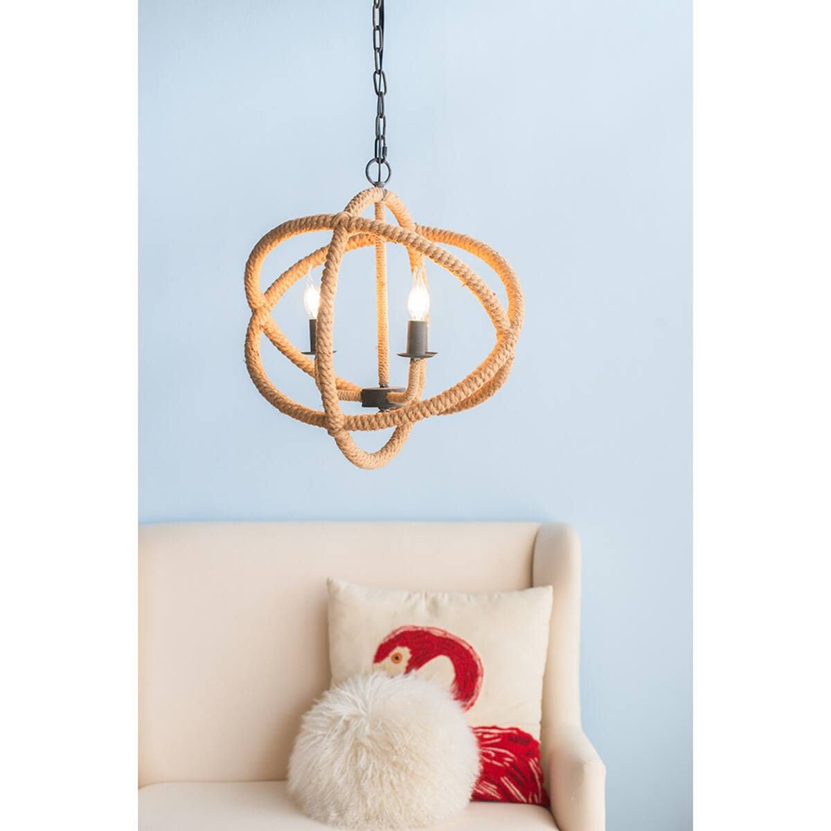 Angle. Loheer - Loheer 3 Light Farmhouse Chandelier, Jute Rope Globe Fixture with Adjustable Chain, Beige Brown.