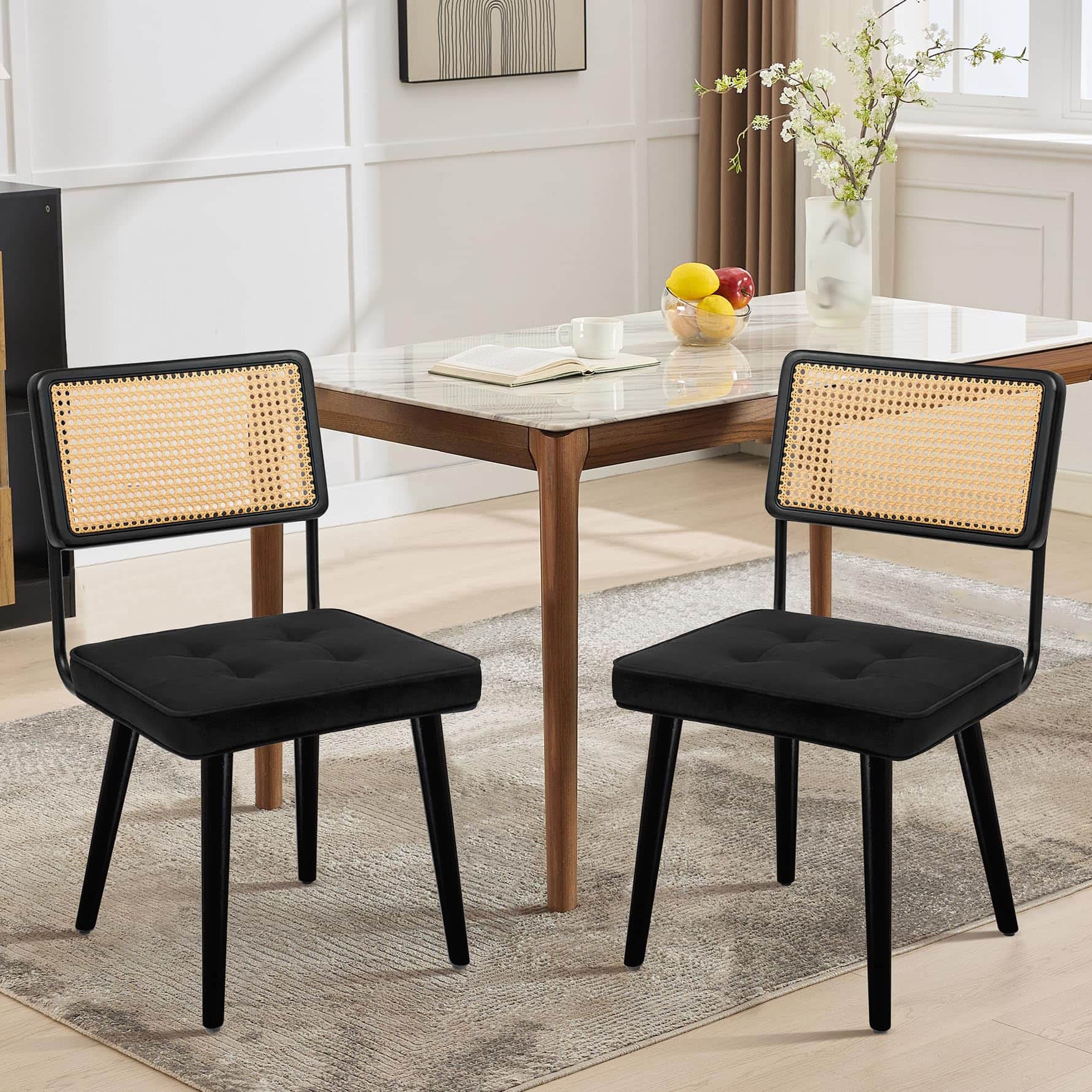 Acekool - Natural Rattan Dining Chairs Set of 2, Mid Century Kitchen Chairs with Velvet Upholstered Seat,Modern Boho Dining Chairs - Black
