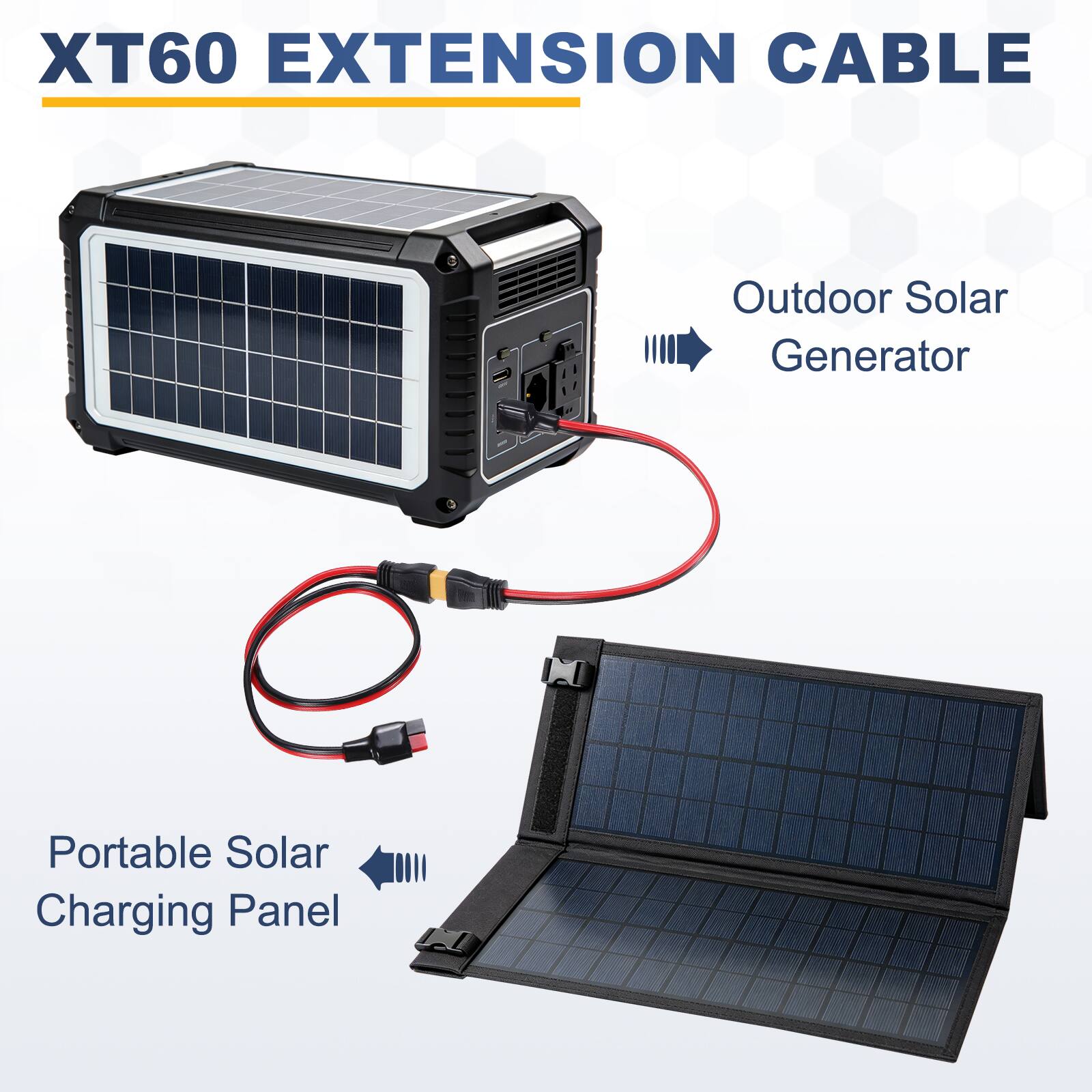 XT60 EXTENSION CABLE

Outdoor Solar Generator

Portable Solar Charging Panel