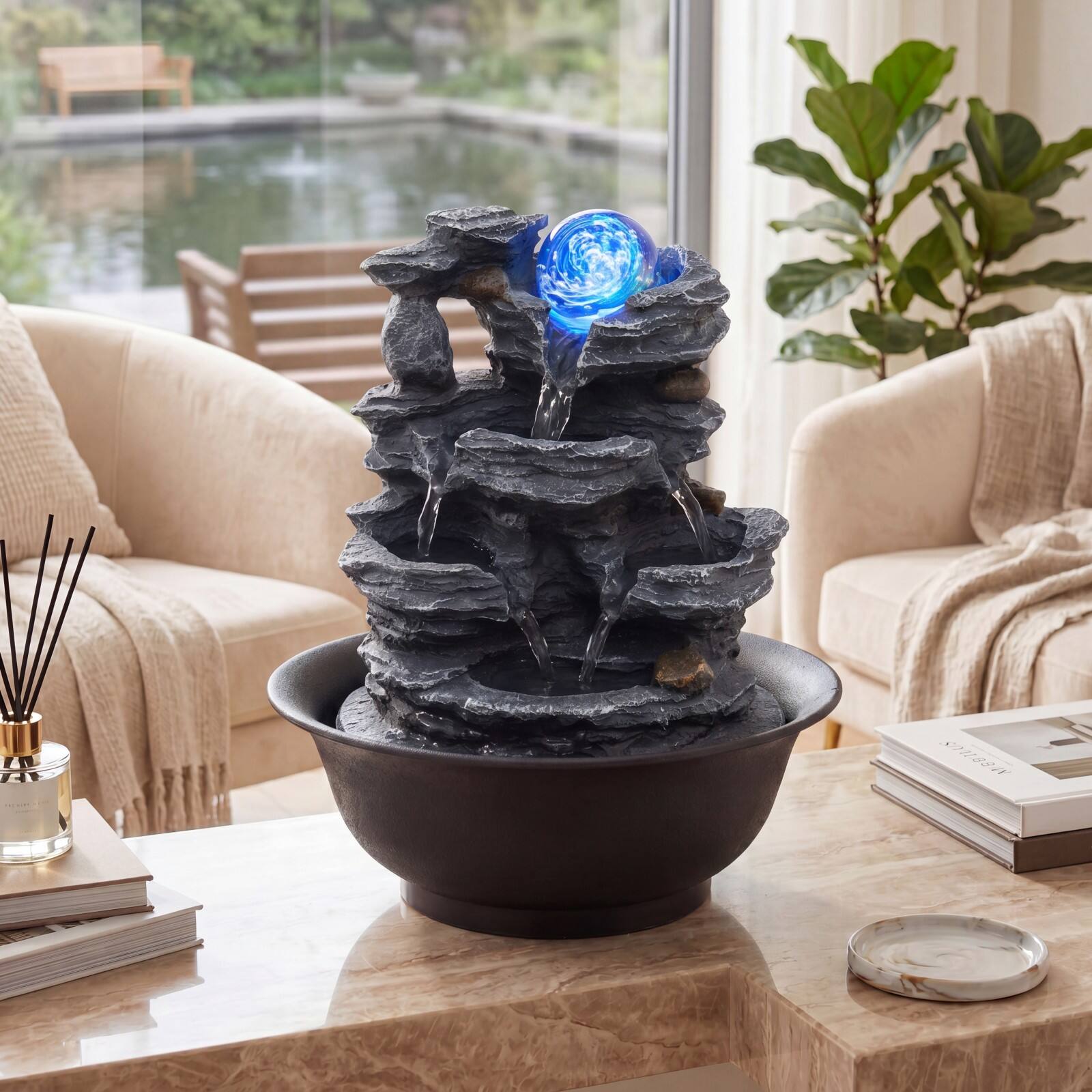 Alt View 3. Costway - Costway Tabletop Water Fountain with Rolling Crystal Ball, Color-Changing LED Light, Pump - Black.
