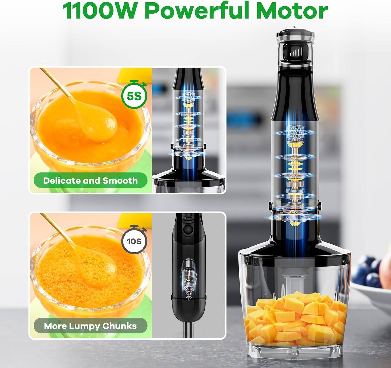 1100W Powerful Motor

5S
Delicate and Smooth

10S
More Lumpy Chunks