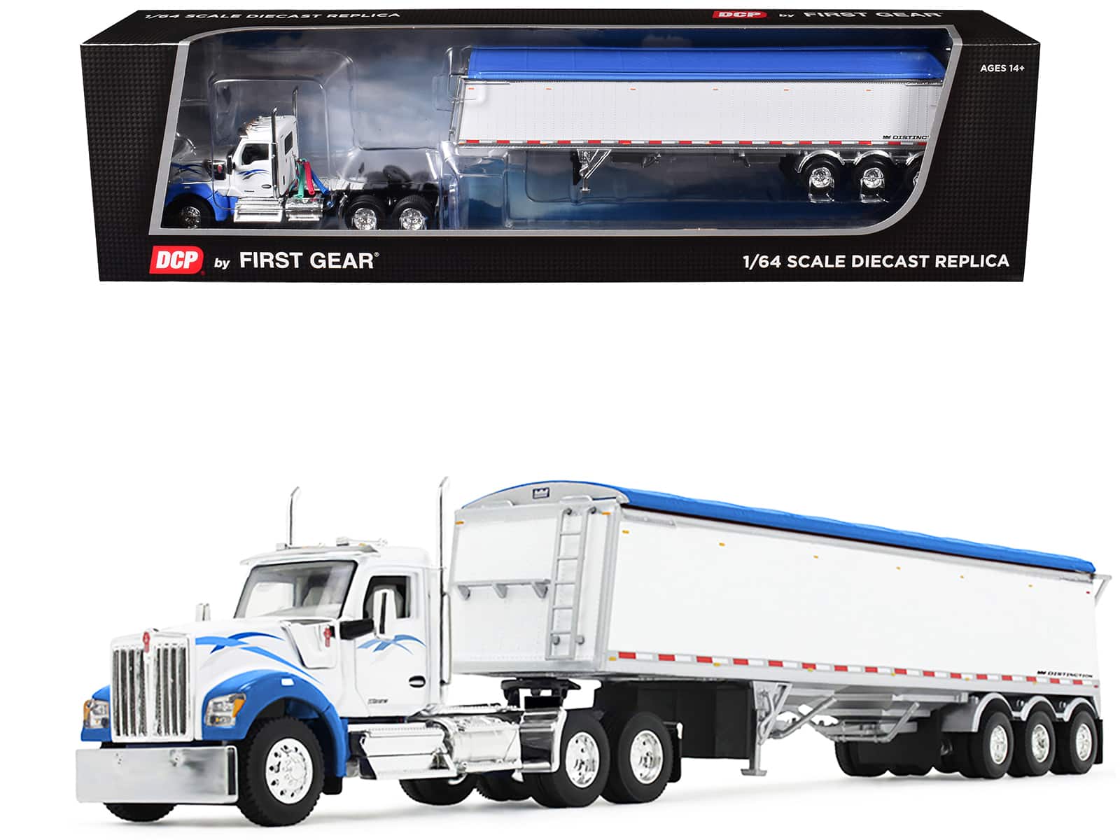 First Gear - Kenworth W990 Day Cab and Lode King Distinction Hopper Trailer White and Blue 1/64 Diecast Model by DCP/First Gear