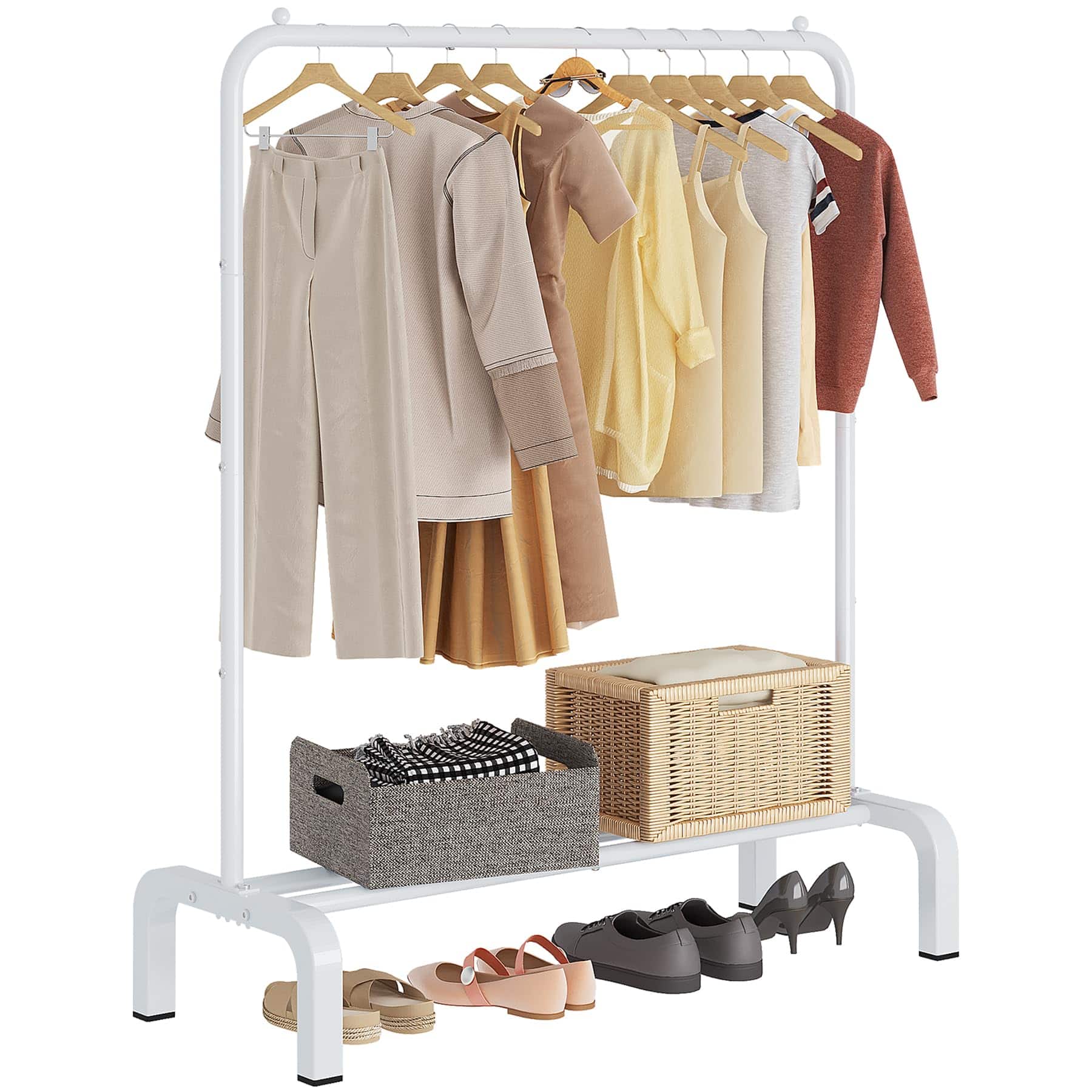 HM 1810 - Metal Garment Rack With Bottom Shelf Clothing For Hanging Clothes Coats Skirts Shirts Sweaters - White 16.7"D x 34"W x 58"H