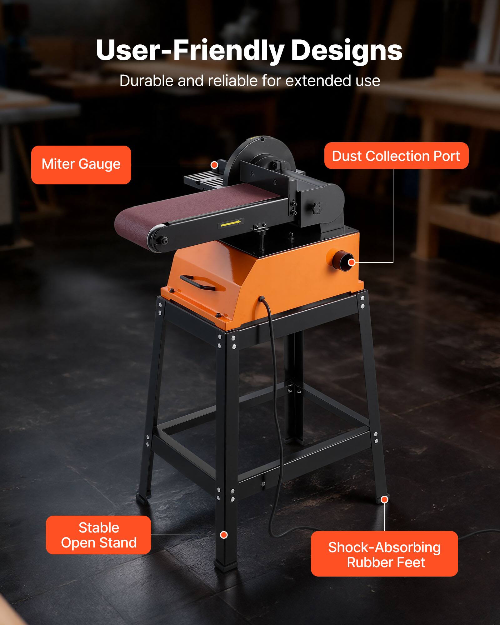 User-Friendly Designs  
Durable and reliable for extended use  

- Miter Gauge  
- Dust Collection Port  
- Stable Open Stand  
- Shock-Absorbing Rubber Feet