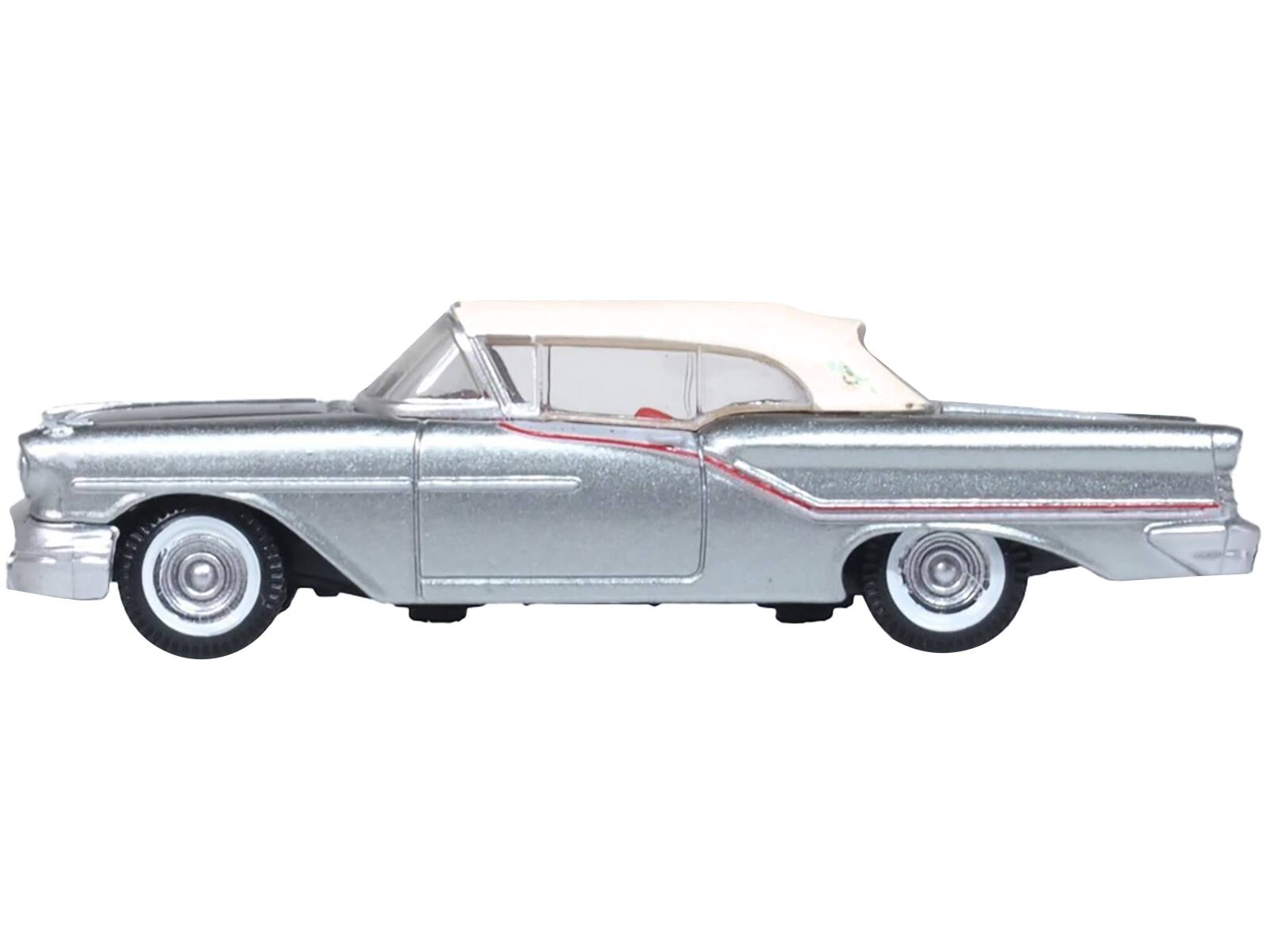 Angle. Oxford Diecast - 1957 Oldsmobile 88 Convertible (Top-Up) Juneau Gray with White Top and Red Interior 1/87 (HO) Scale - Gray, White And Red.