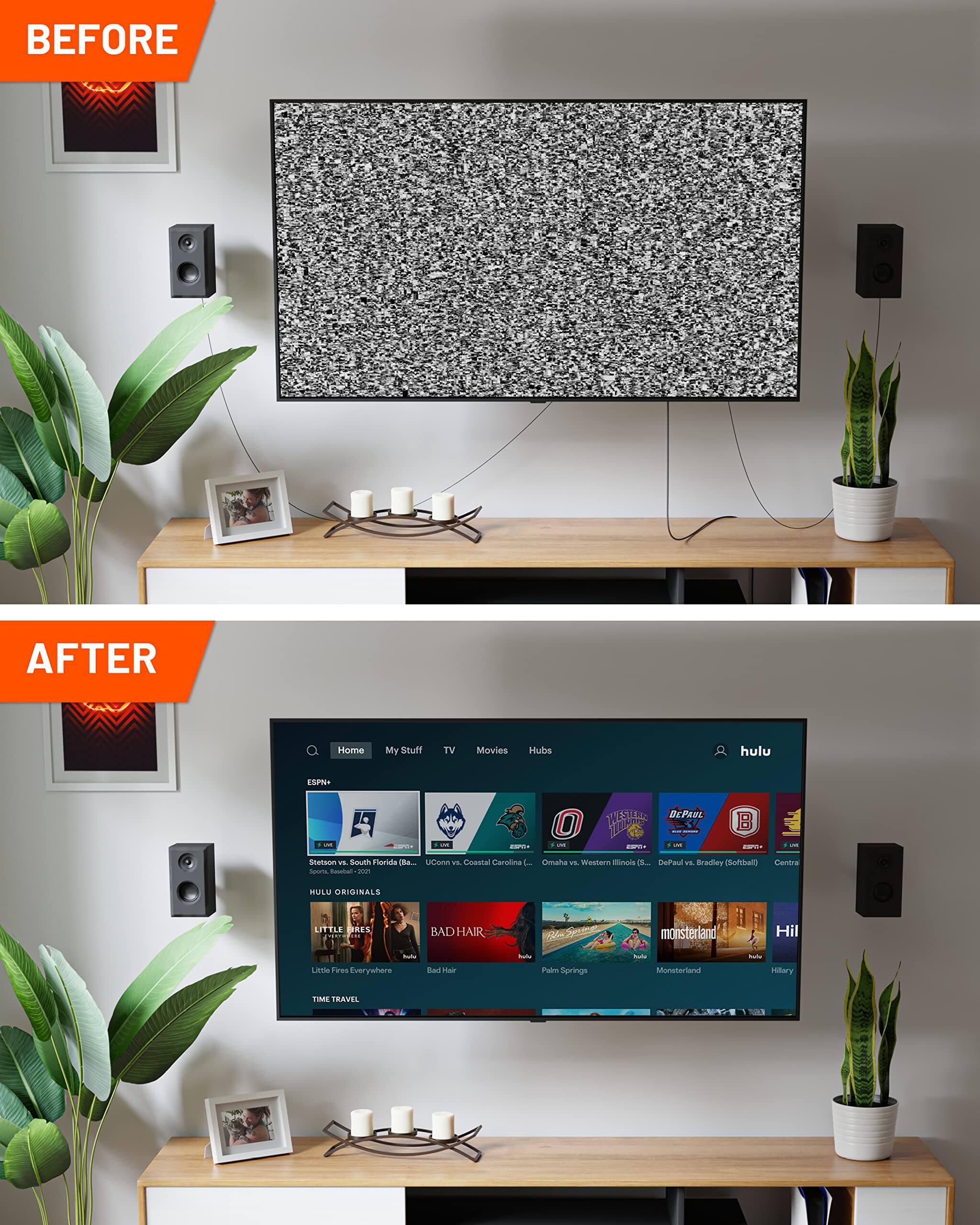 **Before:**
- Home
- My Stuff
- TV
- Movies
- Hubs
- Hulu
- ESPN+

**After:**
- Home
- My Stuff
- TV
- Movies
- Hubs
- Hulu
- ESPN+

**Sports:**
- Stetson vs. South Florida (8)
- UConn vs. Coastal Carolina
- Omaha vs. Western Illinois (S)
- DePaul vs. Bradley (Softball)
- Central Florida vs. South Florida

**Hulu Originals:**
- Little Fires Everywhere
- Bad Hair
- Monsterland
- Palm Springs
- Hillary
- Time Travel