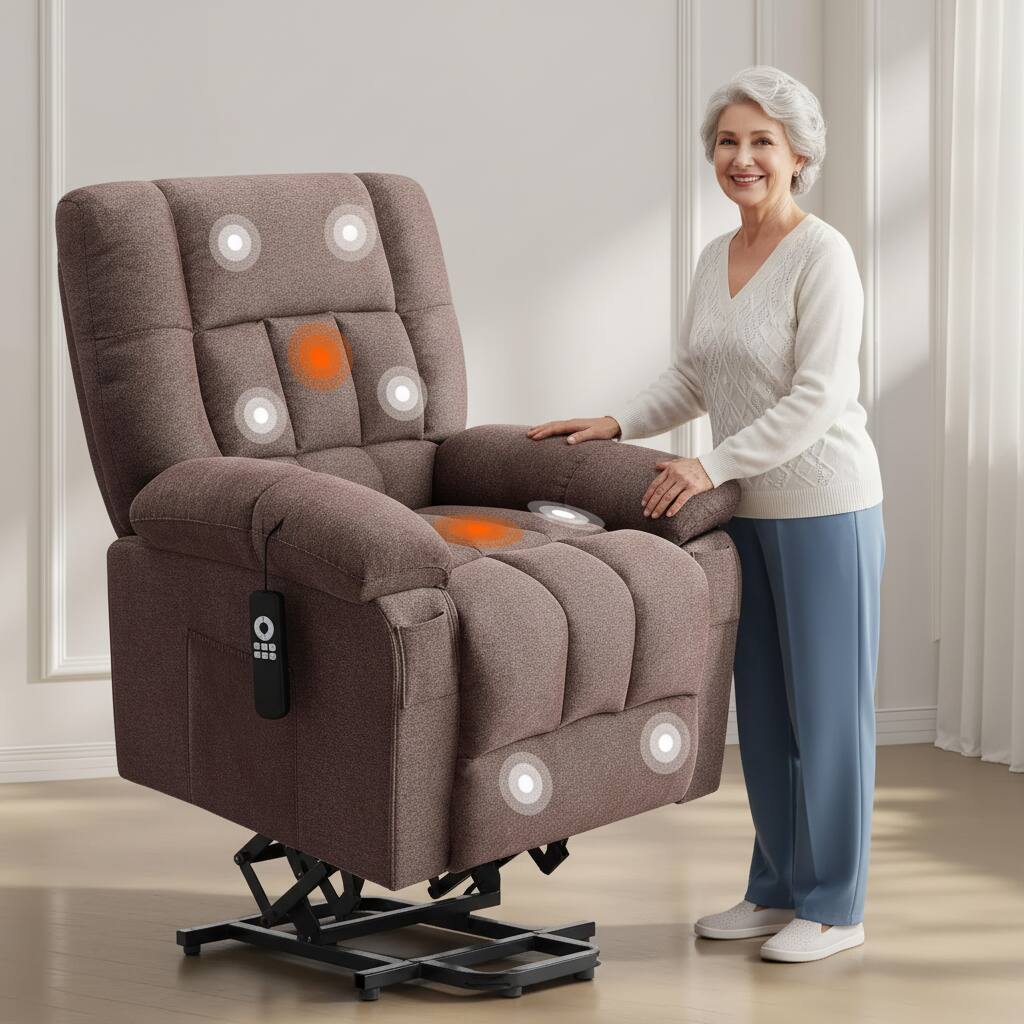 The image does not contain any text to group or correct. It shows a person standing next to a massage chair with various massage points highlighted.